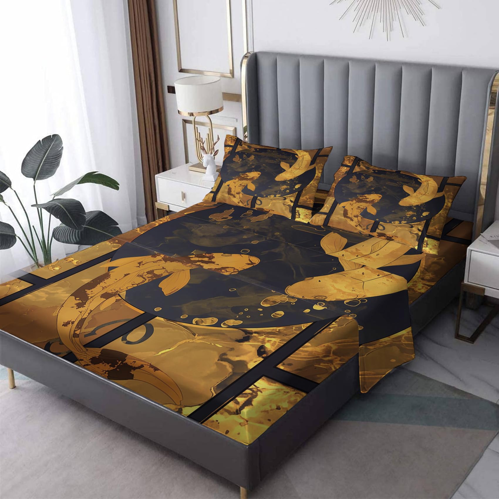 Zvynqour Koi Full Size Sheet Set - Japanese Style Sheet Set - Deep Pocket Fitted Sheets, Flat Sheet & Pillowcases - 4 Piece Bedding &