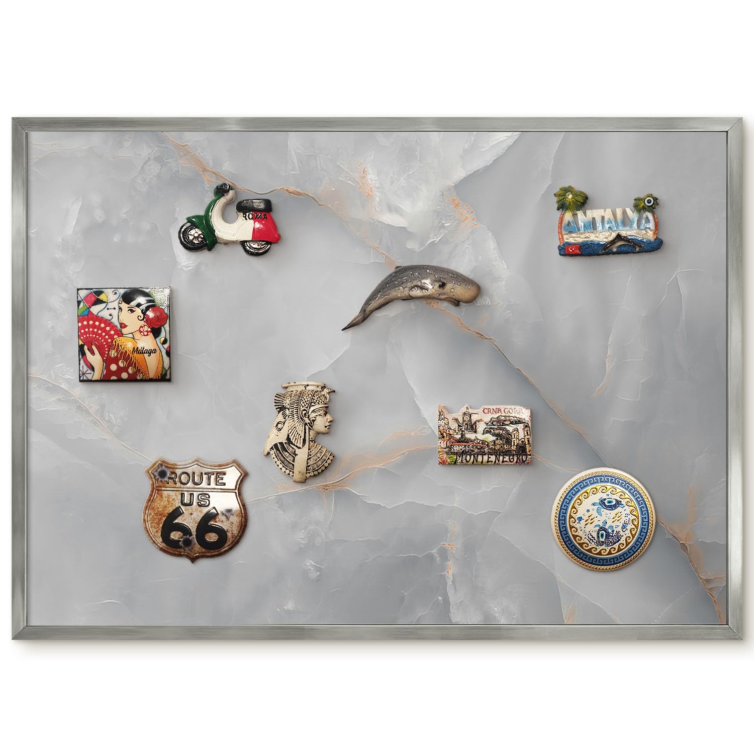Magnetic Travel Souvenir Board 70x50 Gray Veins Silver Border
