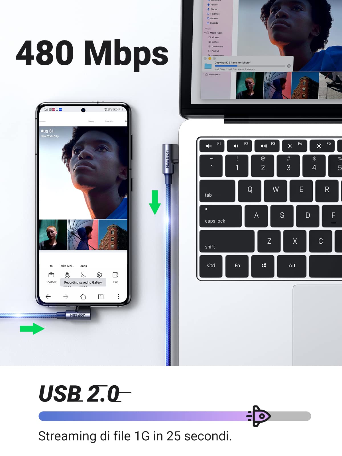 UGREEN Cavo USB C a A 90 Gradi, Cable Type C Ricarica Rapida 3A Compatibile con iPhone 16/15 Plus Pro Max, Galaxy S24/S23/S22, Pixel 9/8, PS5, Drone, ecc. 0,5m