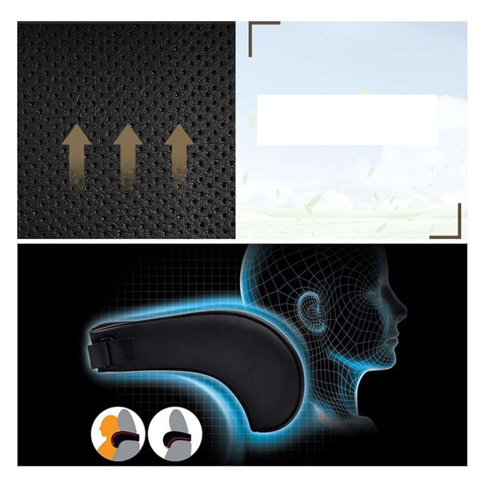 PU Cuero Auto Coche Cuello Almohada Espuma viscoelástica Relleno Asiento Reposacabezas Cojín Reposacabezas Protección para la Cabeza Soporte para el Cuello Almohada (Color : Black)