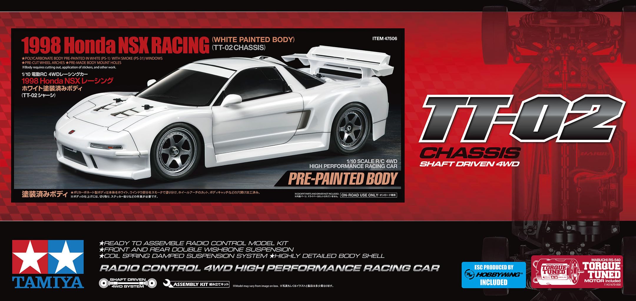 Tamiya 47506 1:10 RC Honda NSX Racing TT-02 Weiß Lackiert - ferngesteuertes Auto, Fahrzeug, Modellbau, Zusammenbauen, Hobby, RC Bausatz, vorlackiert