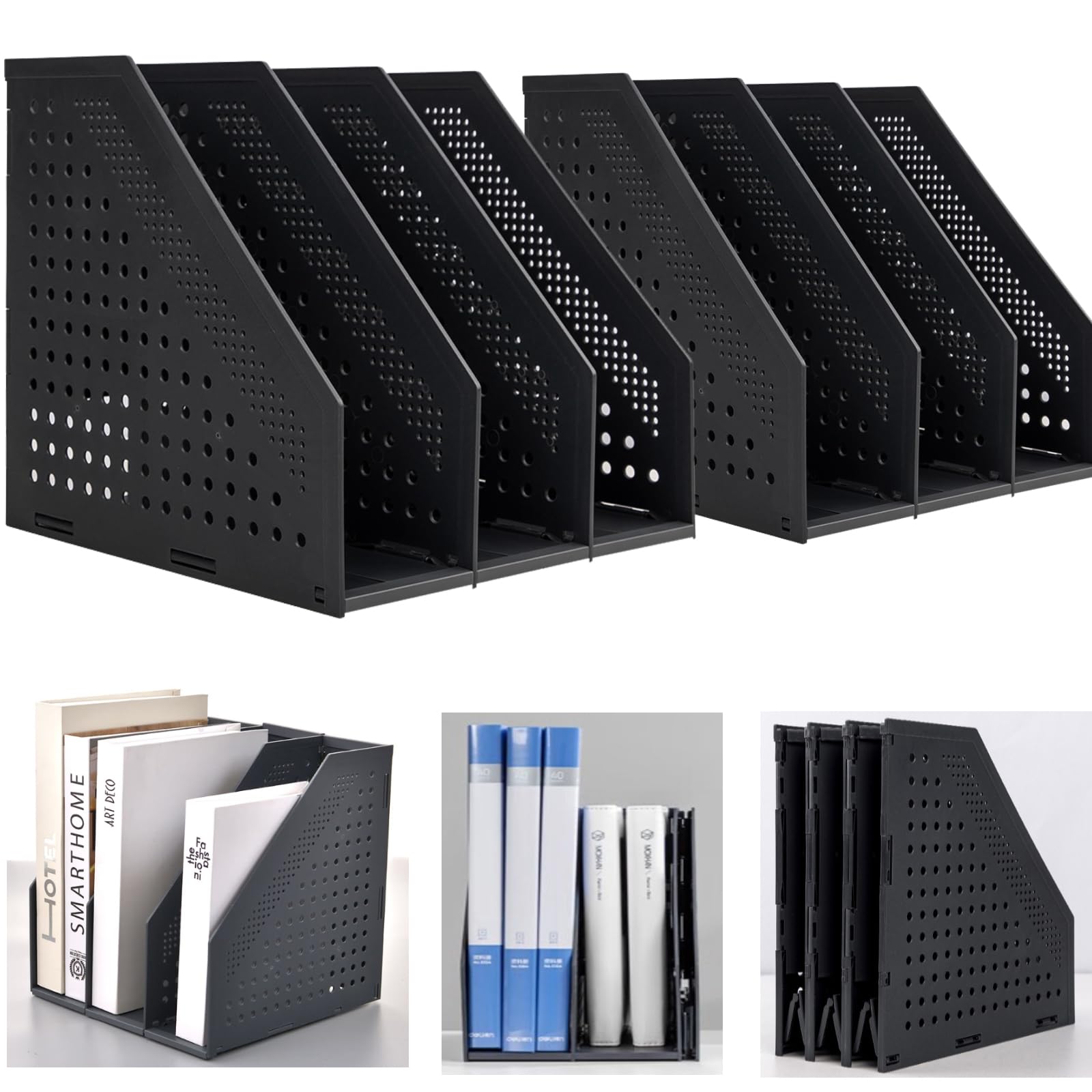 Marte Vanci Collapsible 3 Compartment Magazine Holder Desktop Organiser Adjustable Sturdy File Dividers Document Cabinet Rack Display (2 Pcs Black)