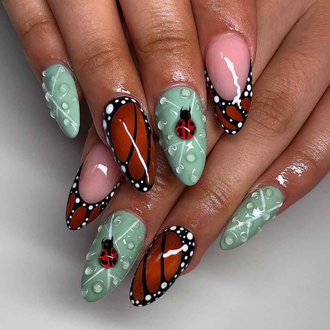 3D Butterfly Press on Almond Nails Medium Ombre Glossy Full Cover Acrylic Almond Shaped False Nails with Designs Artificial Fake Nails with Charms