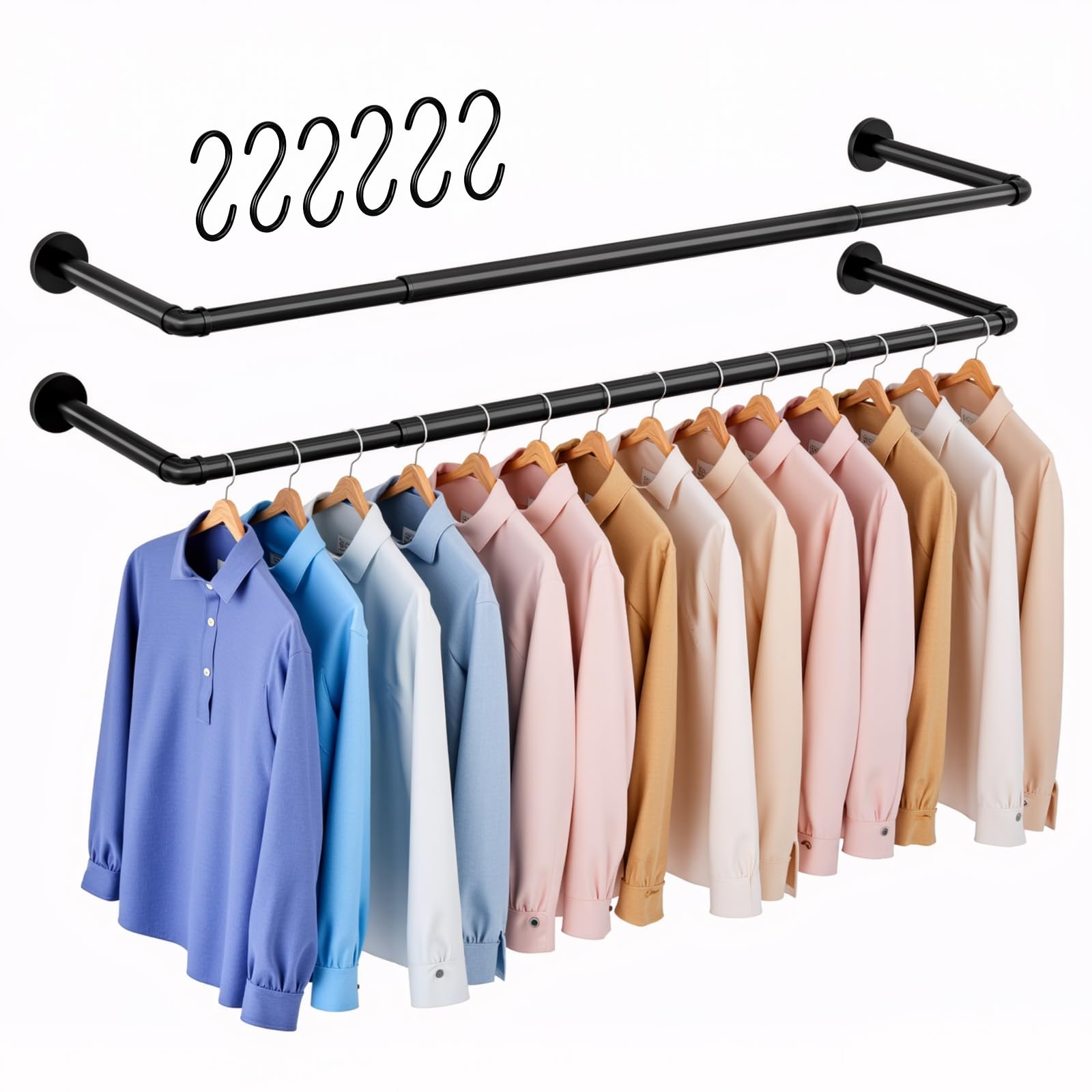 Porte-manteau mural industriel extensible en fer noir 111,5 cm lot de 2 penderie pour vêtement