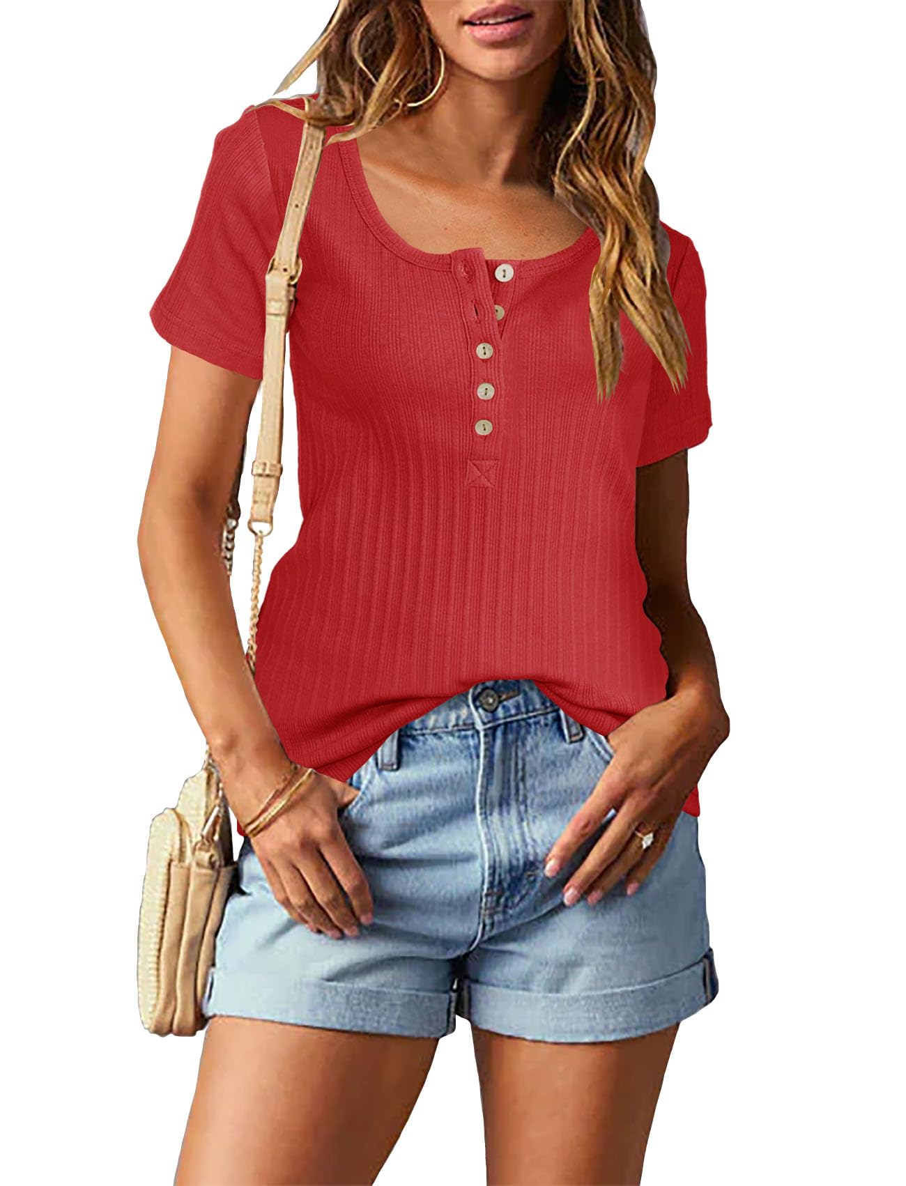 Topstype Short Sleeve Henley Tops for Women Summer T Shirts Trendy XX-Large Red