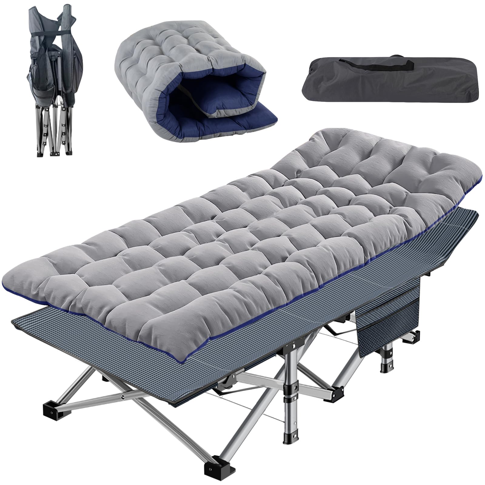 ZIKEBTUY Sunloungers Folding Bed 190 x 71 x 35.5 CM Sun lounger Folding Guest Bed Single with Mattress Side-Pocket and Adjustable Backrest, for Spare Temporary Office Nap Patio (Grey-1)