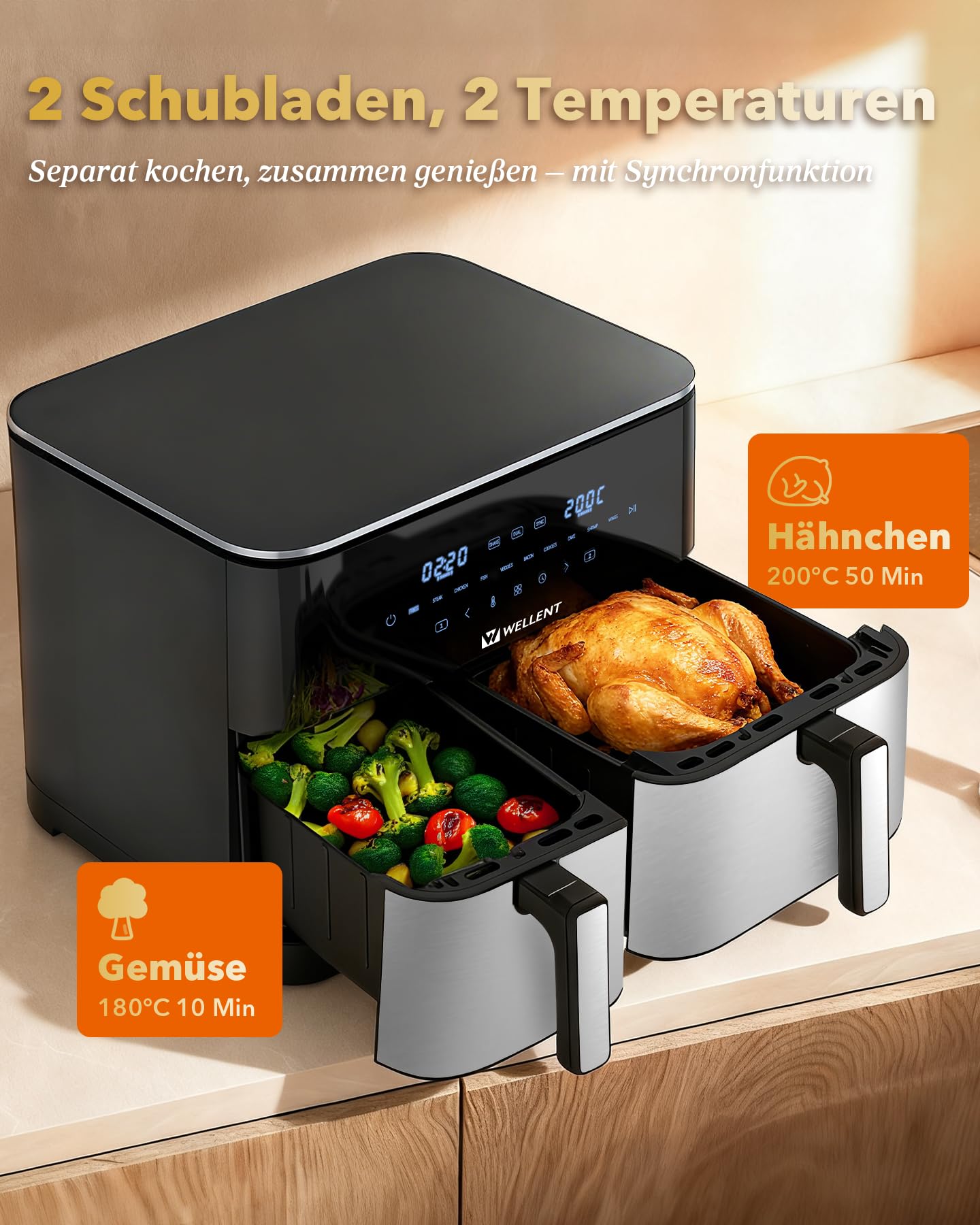 11L XXL Airfryer 2 Kammern(4+7L) - WELLENT 2600W 10-in-1 Heißluftfritteuse Doppelkammer mit Match&Sync-Funktion - Dual Zone Heissluftfritteuse mit Touchscreen,Schüttelerinnerung,Spülmaschinenfest