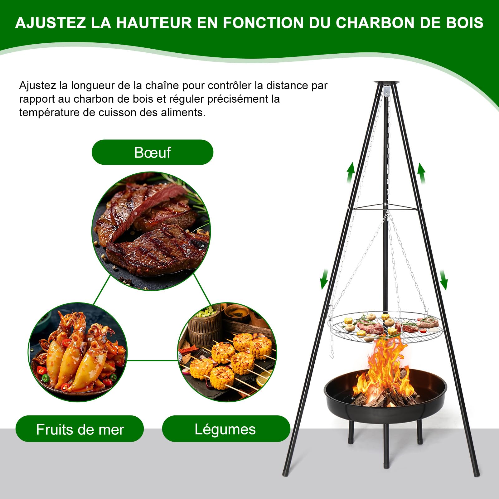 Barbecue Suspendu - Barbecue pivotant avec foyer(Diamètre 50cm) - Structure de type trépied(robuste et stable) - Réglable en hauteur - Noir