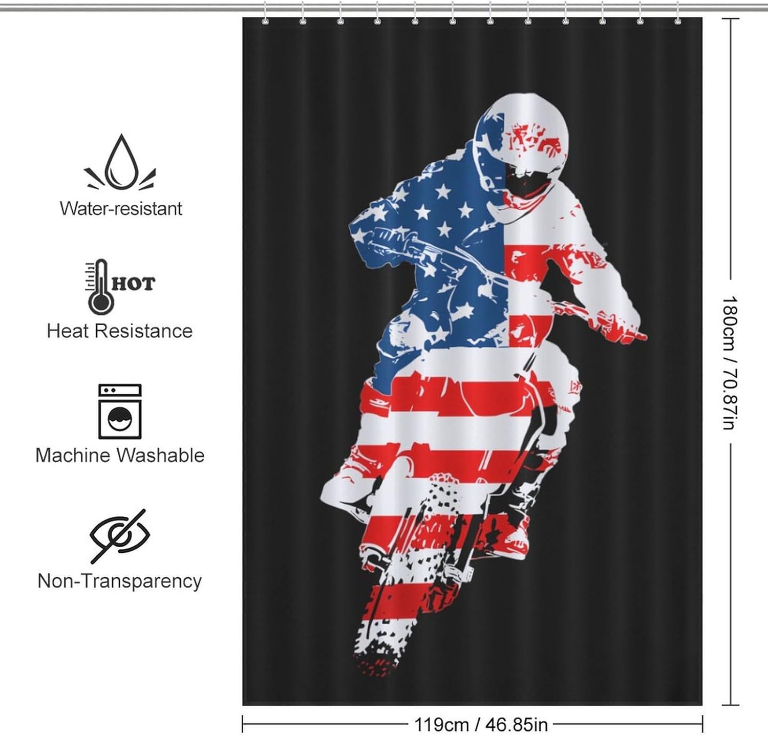 Dirt Bike US Flag Motocross Shower Curtain 46.85x70.87Inch（119x180cm） Polyester Bath Curtain Shower Curtains Printed Decorative