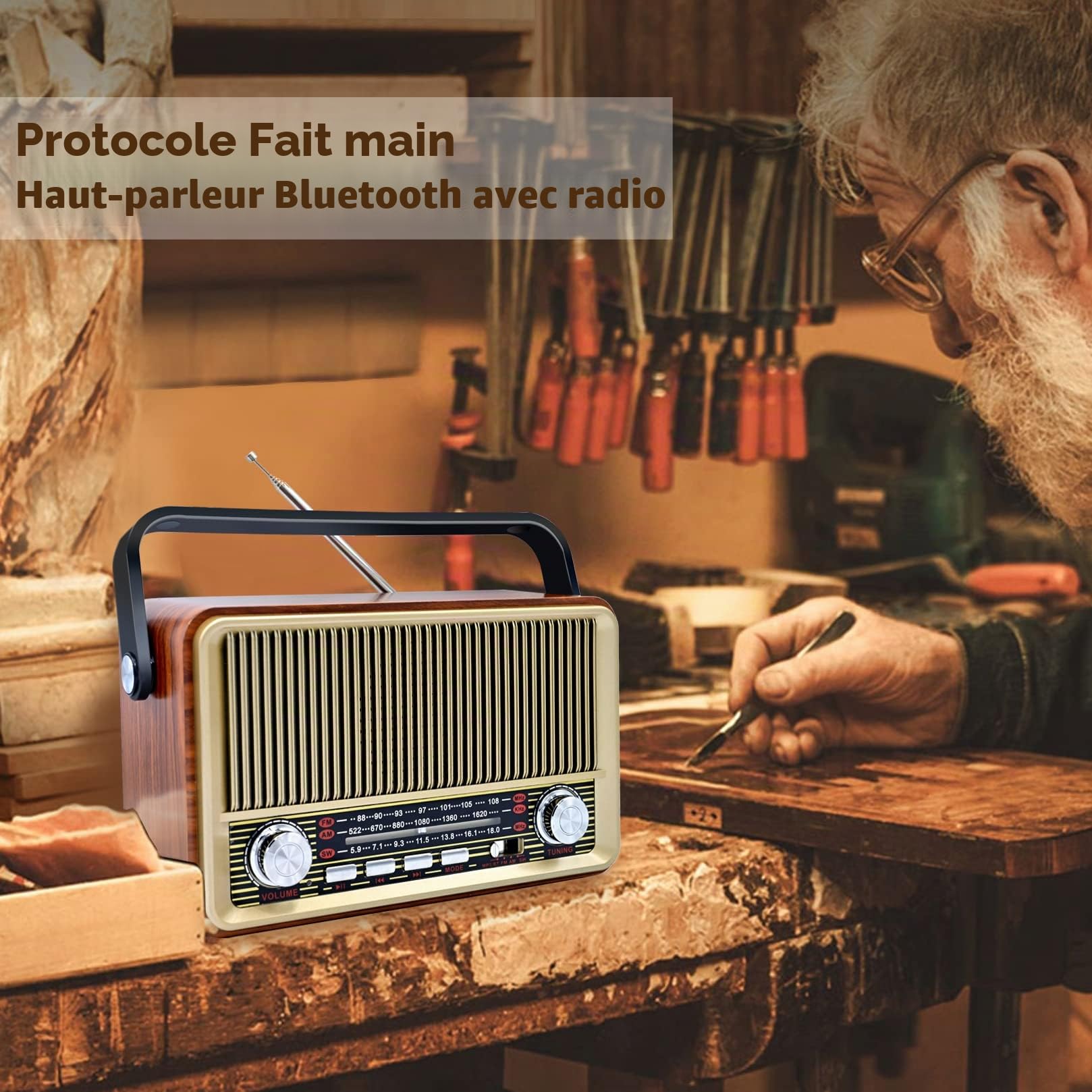 Radio Portables, FM/AM SW, Radio Bluetooth Vintage Classic Design en Bois Support USB/TF, Radio Convient pour Les Cuisines De La Maison Et du Bureau
