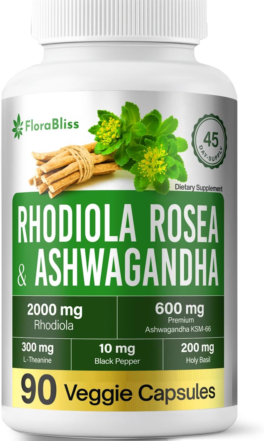 FloraBliss Rhodiola Rosea with Ashwagandha KSM-66, L-Theanine, Holy Basil & Black Pepper - 90 High Potency Vegan Capsules - 45-Day Supply
