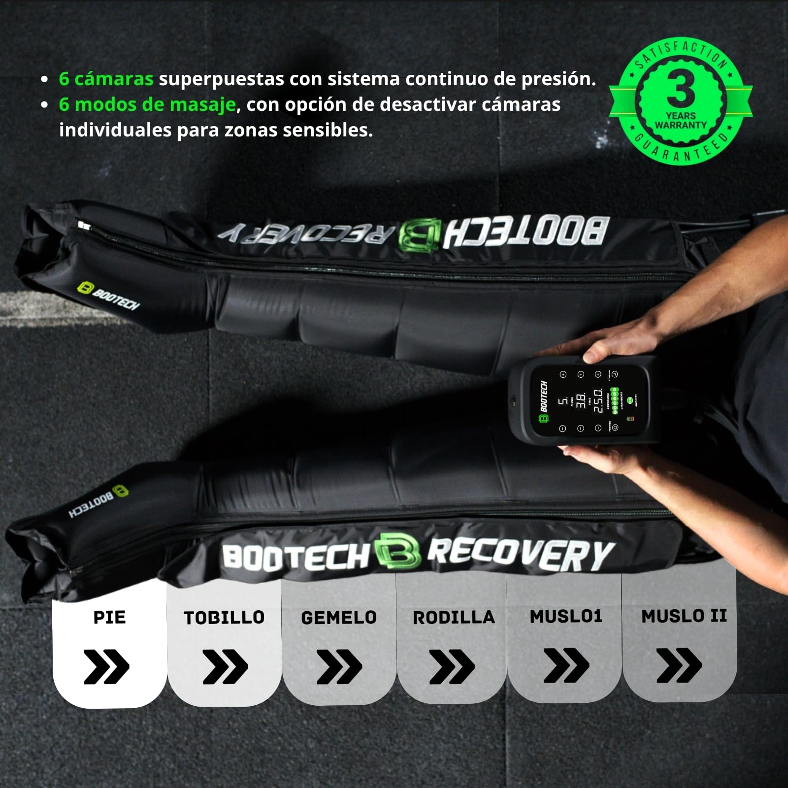 BOOTECH Presoterapia Premium Recargable para Casa, Masajeador de Piernas Cansados, Mejora la Circulación, Recuperación Muscular Drenaje Linfático Celulitis Bateria 6H,6 Camaras 3 Años Garantía(M)