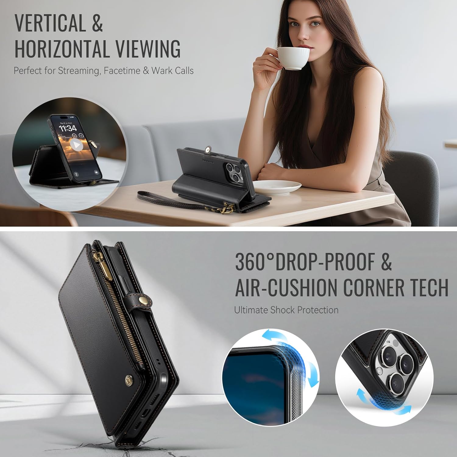 Defencase for iPhone 15 Pro Max Magnetic Wallet Case Compatible with Magsafe with RFID Blocking Zipper Strap Card Holder for Women Men, PU Leather Detachable Case for iPhone 15 Pro Max (6.7"), Black