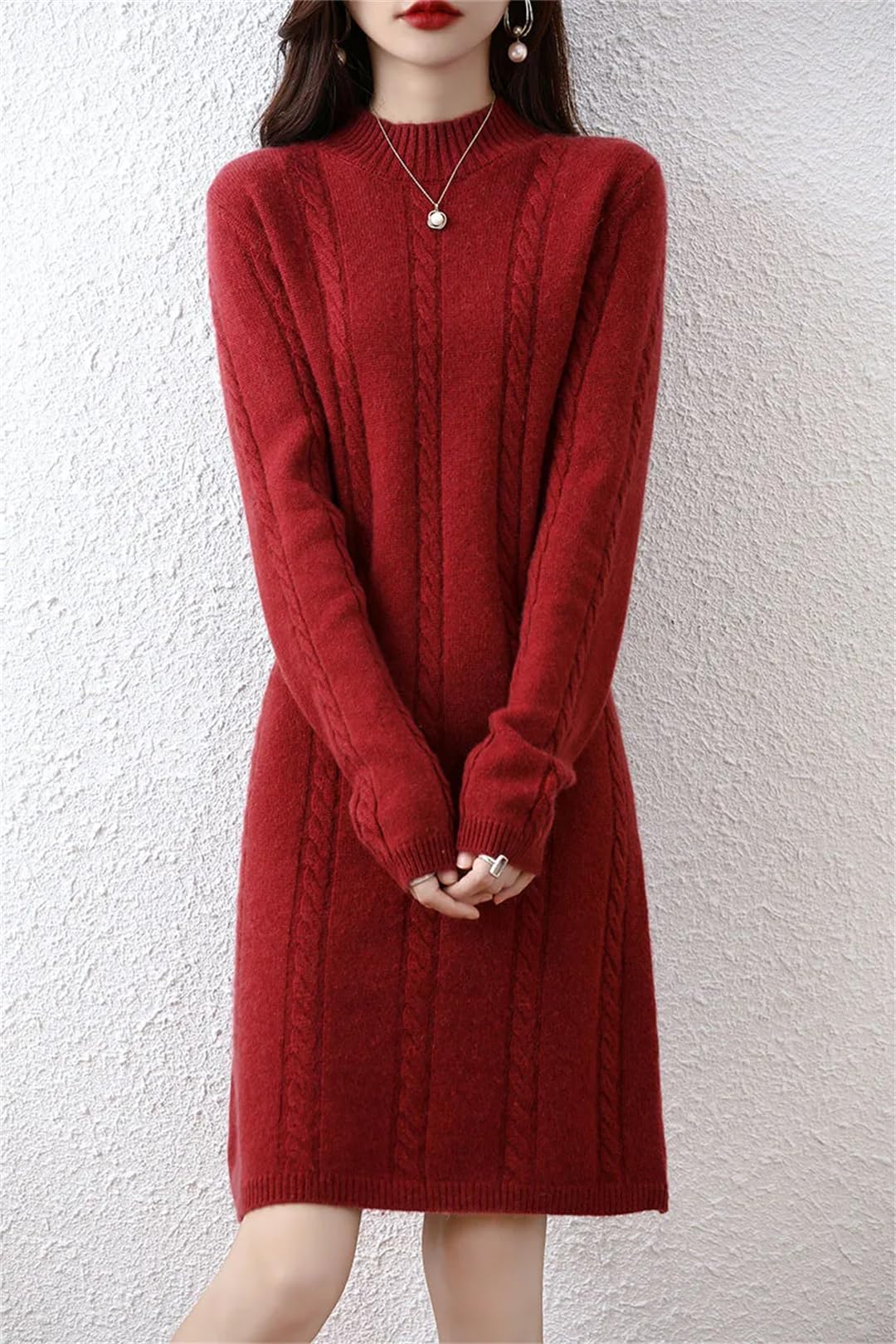 Maglione da donna in lana tinta unita ispessito girocollo lavorato a maglia a cavo