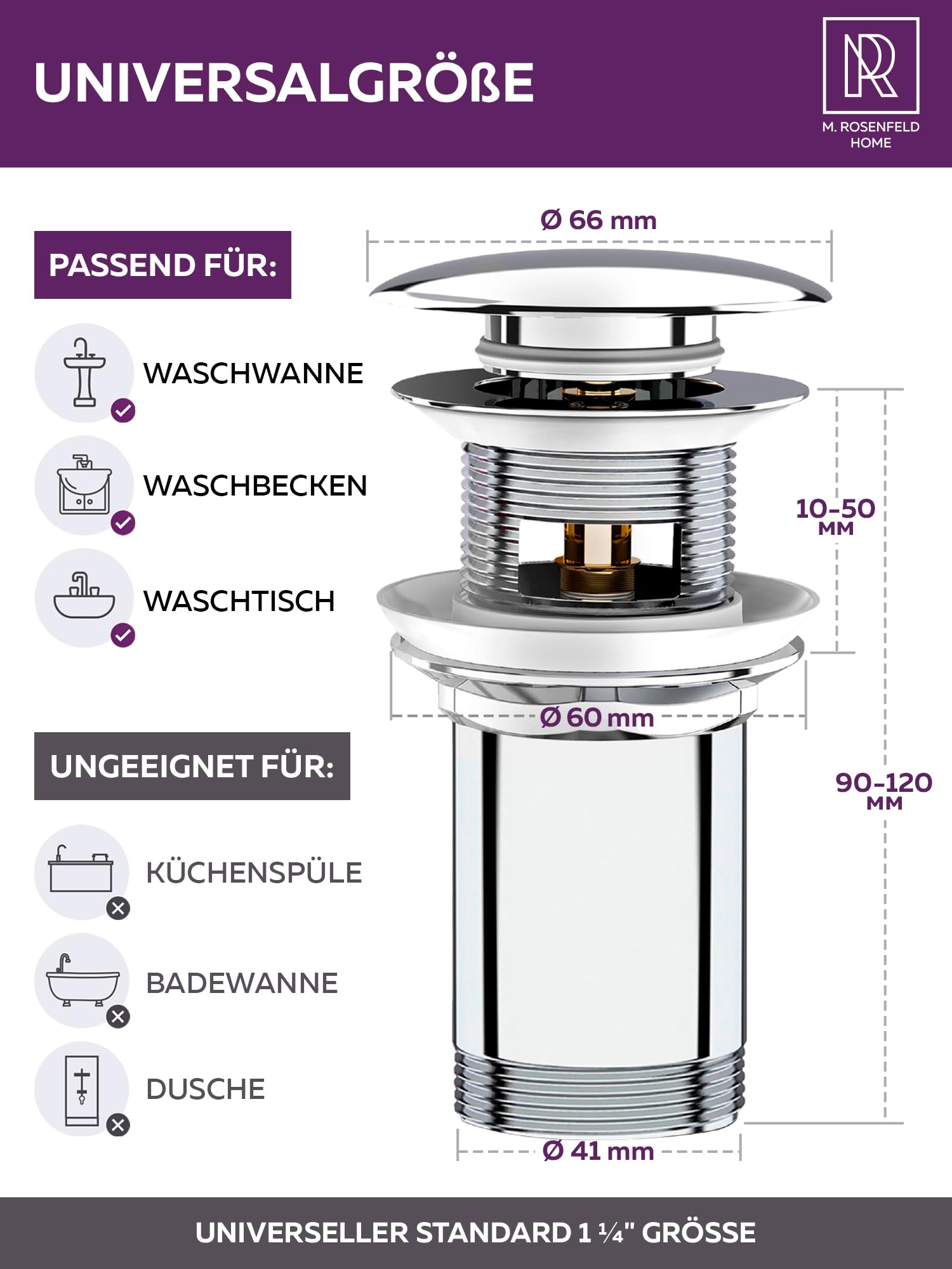 Desagüe De Lavabo Con Rebosadero Y Válvula Desplegable - Cromado, Incluye 4 Juntas De Repuesto