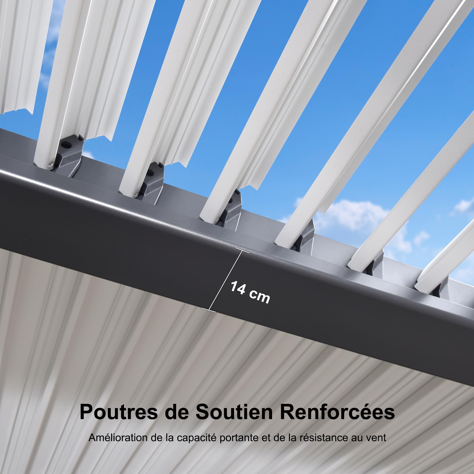 Pergola bioclimatique 4,25 x 3 m – Lattes réglables en aluminium gris avec poteaux blancs pour jardin contemporain et terrasse