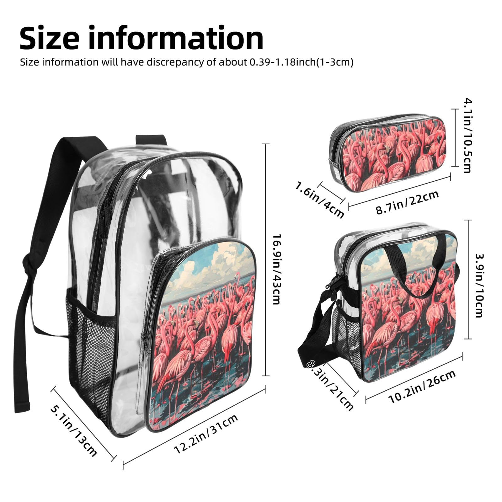 Flamingo Print 3-częściowy przezroczysty plecak zestaw do podróży na świeżym powietrzu przygody wakacje przezroczysta torba