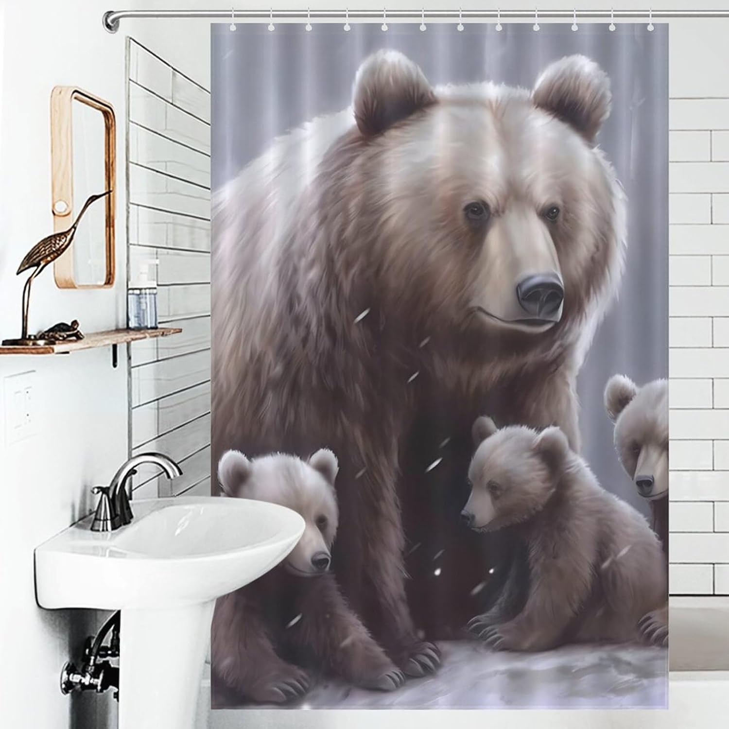 Bear Mama Little Winter Day Funny Shower Curtains Washable Bath Curtain Liner with Hooks for Bathroom Bath Tubs