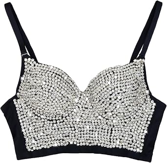 ELLACCI Womens Rhinestone Diamond Push up Bustier Crop Top Sexy Punk Corset Bra Black