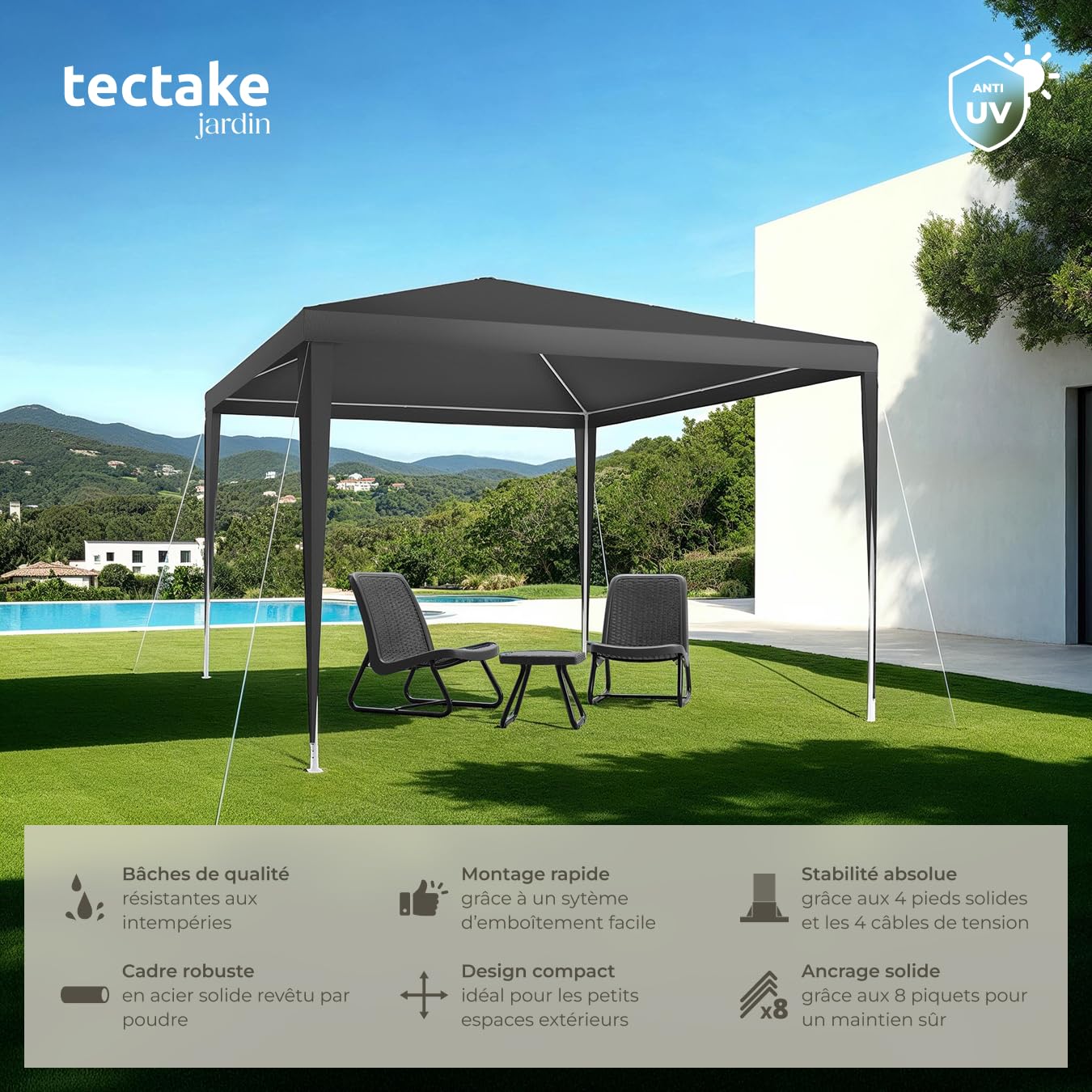 tectake® Tonnelle de Jardin Exterieur Tente de Reception 3x3m Protection UV 30+ Barnum Chapiteau Gazebo Pavillon de Jardin résistant à l'eau, Cadre Solide en Acier époxy