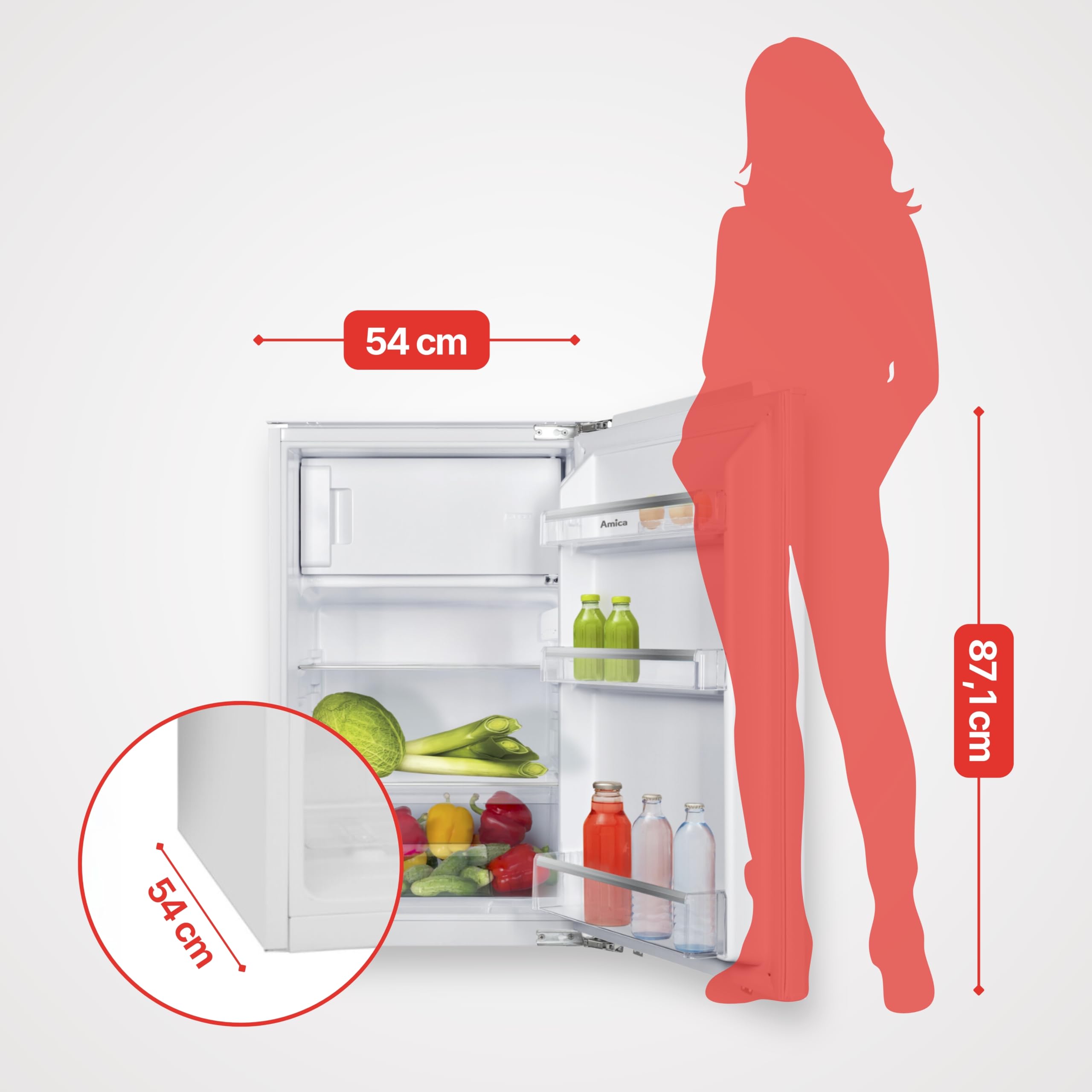 Amica Einbau‑Kühlschrank mit Gefrierfach Festtür‑Technik 880 mm Nische elektronische Steuerung Inverter‑Motor LED Beleuchtung 87,1 x 54 x 54 cm – Einbau Kühl Gefrierkombination