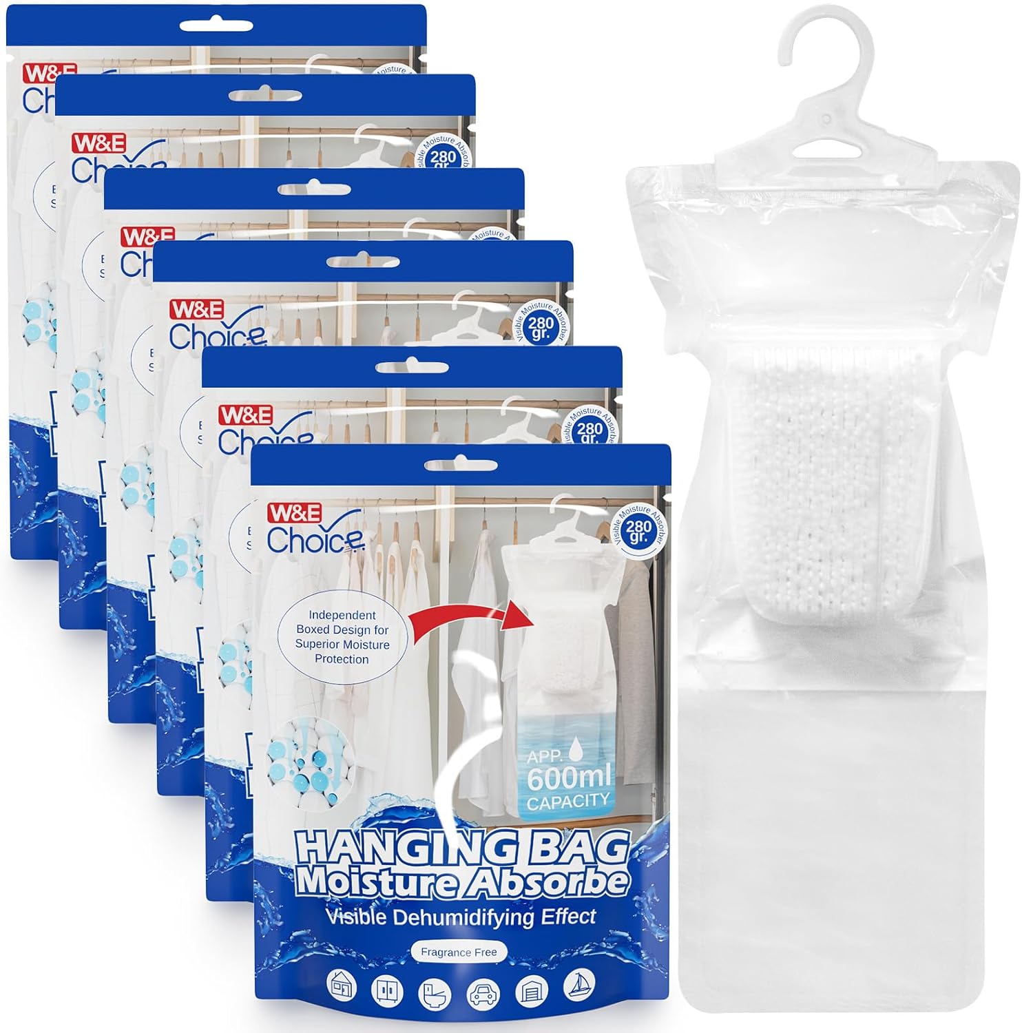 W&E Choice Moisture Absorbers Hanging Bag for Your Closet, Dehumidifier Bags for Bathroom, Fragrance Free Humidity Packs, 6 Pack, 9.9 Oz