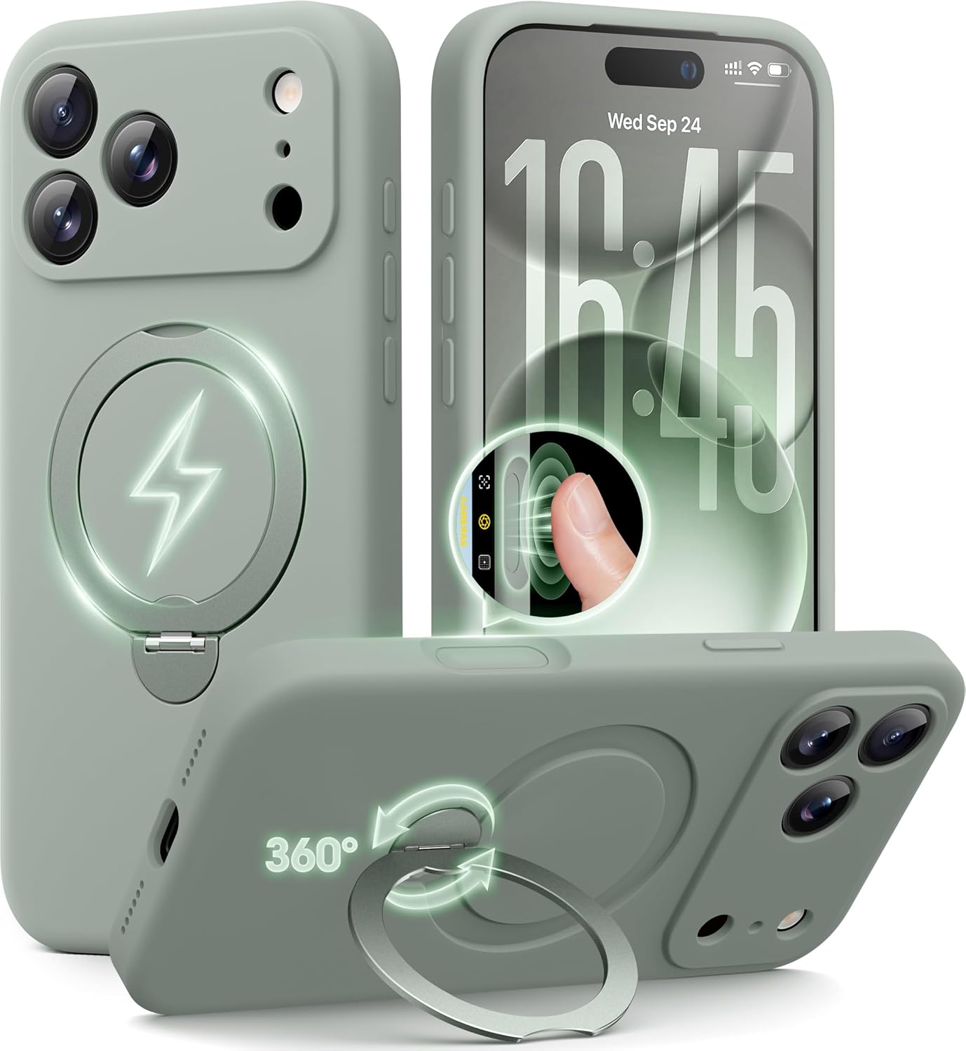 GolbinBox for iPhone 17 Pro Max Case with 360° Spin Magnetic Stand, [Compatible with MagSafe] [Full Camera Protection], Shockproof Liquid Silicone Case with Ring Stand for 17 Pro Max 6.9'', Grey Green