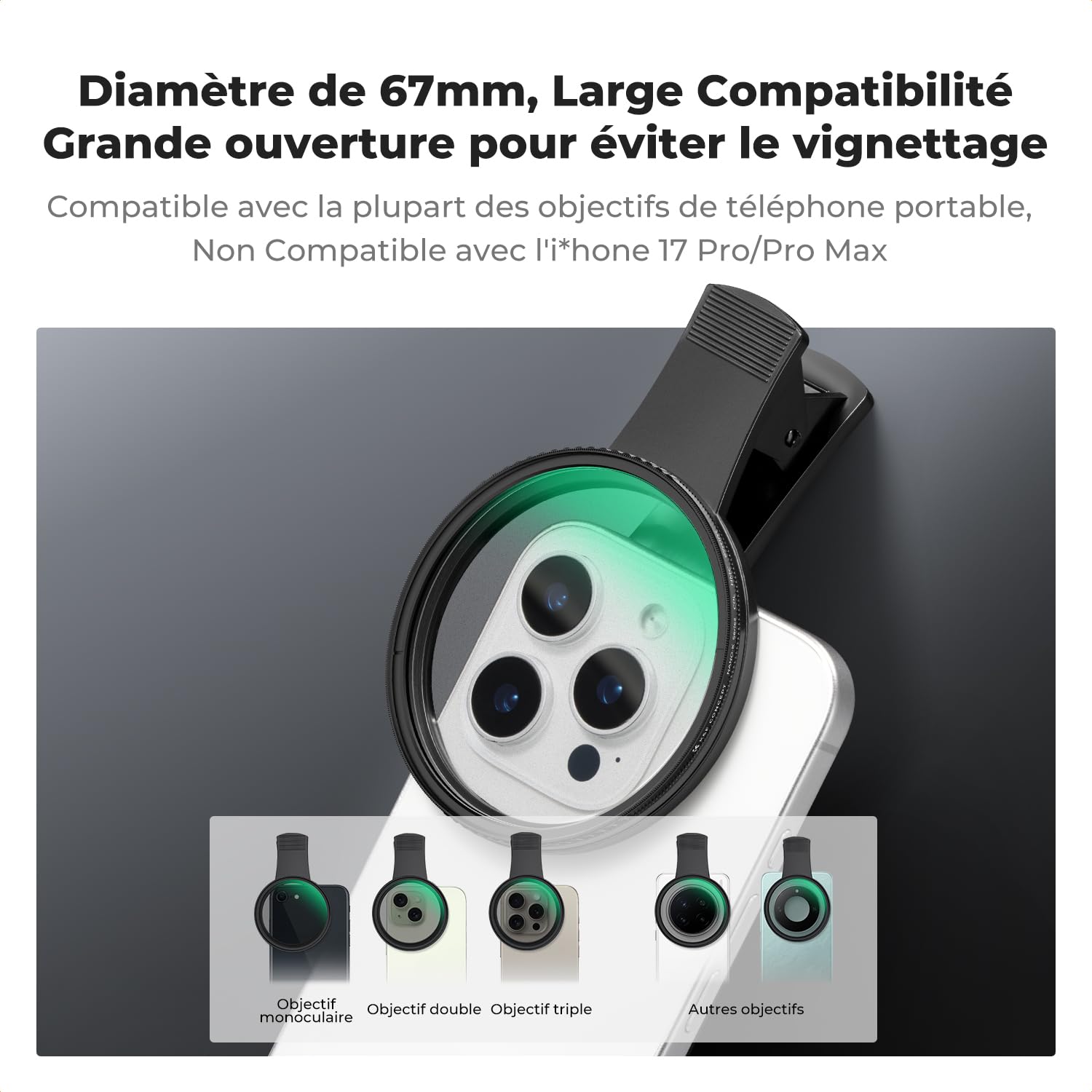 K&F CONCEPT 67mm Filtre Polarisant CPL et Clip Pince Compatible avec iPhone 17 16 15 14 Téléphone Smartphones Objectifs et Un Chiffon
