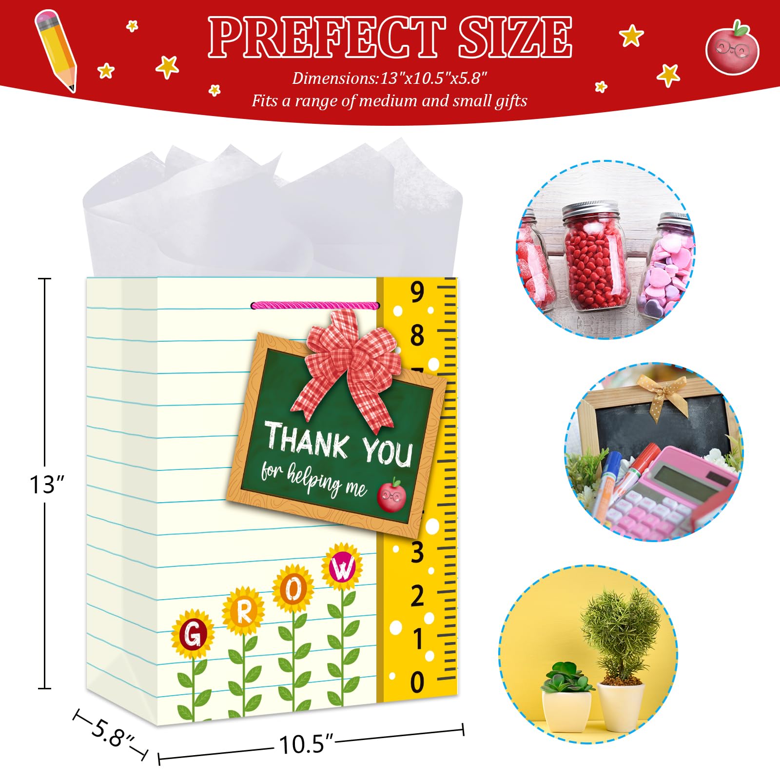 BIZIBAFF Teacher Appreciation Gift Bag - 13" Large Teacher Gift Bag with Tissue Paper and Handle Thank You Teachers Retirement Gifts Bag Graduation End of Year Gift for Teachers Appreciation