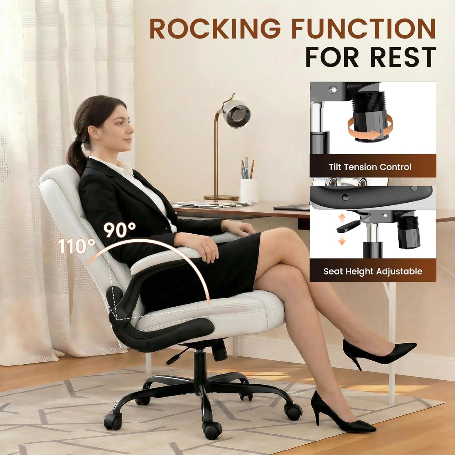 GTPLAYER Leather Office Chair, Home Desk Chair with Flip-up Arms and Ergonomic Back - Comfy Heavy Duty Executive Chair for Home Office Gaming, White