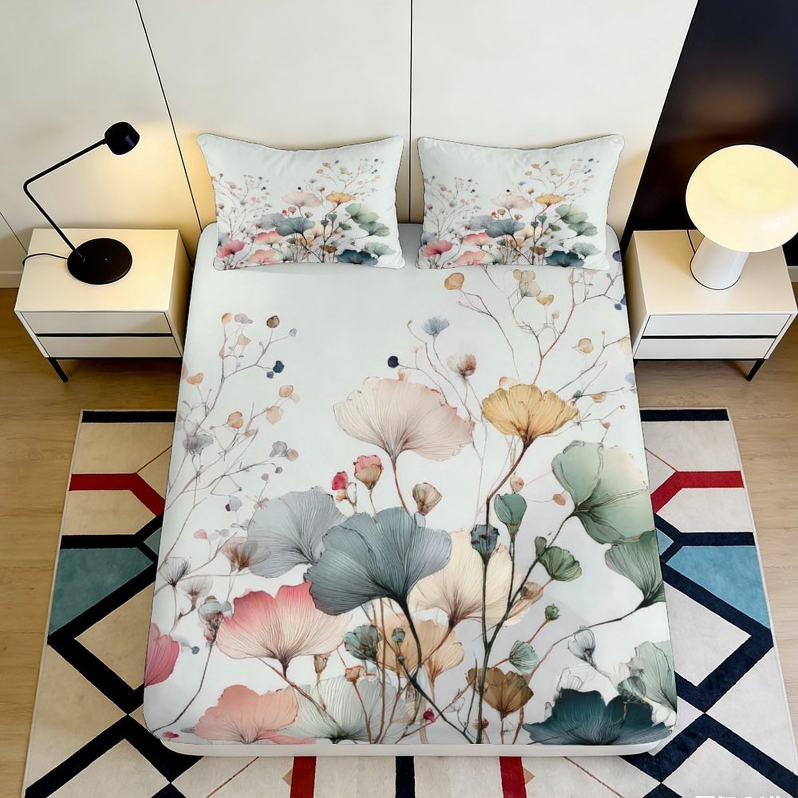 3D Printed Watercolor Lotus Fitted Sheet Microfiber Soft Botanical Floral Bed Cover for Bedroom Guest Room Decor 90x200x25cm