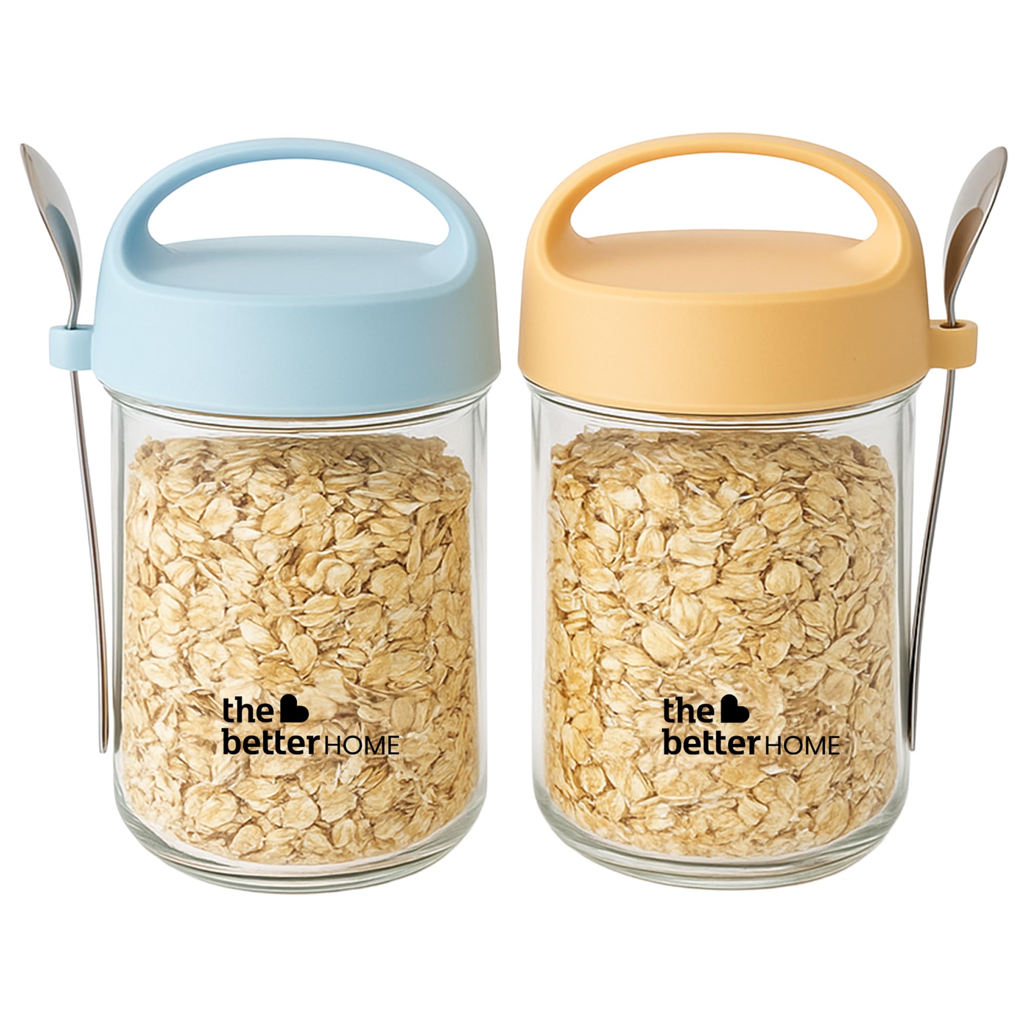 The Better Home Overnight Oat Jar | Glass Kitchen Storage Jars | Multi-Purpose Food Containers | Pack of 2 | 350 ml | Transparent with Blue & Yellow Lids
