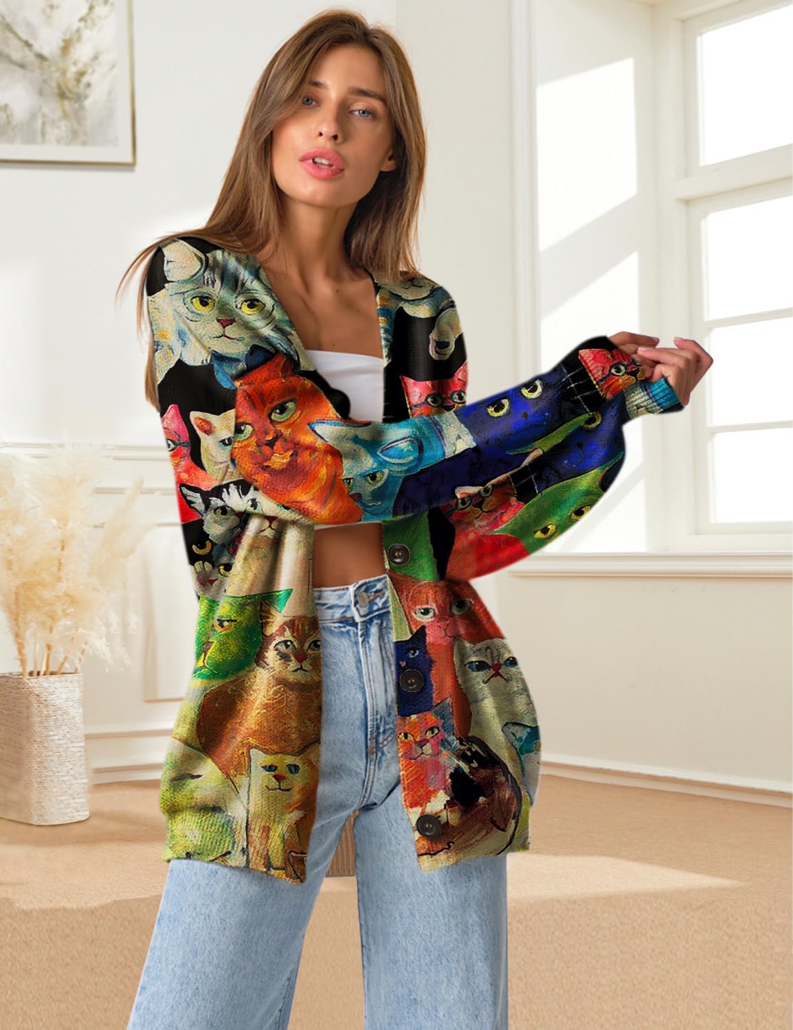 YESNO Women's Fall V-Neck Cardigan Sweaters Casual Graphic Oversized Open Front Button Down Long Sleeves Knit Tops SCV - Image 2