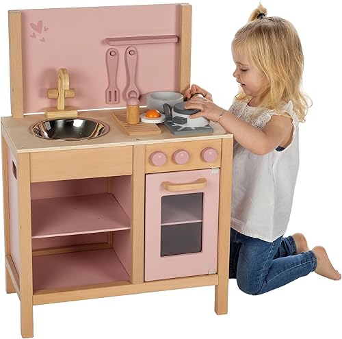 Miniatura 3 de Juego de cocina de madera - Rosa - Juguete de electrodomésticos de pie, accesorios de cocina y alimentos, fregadero de almacenamiento, estación de