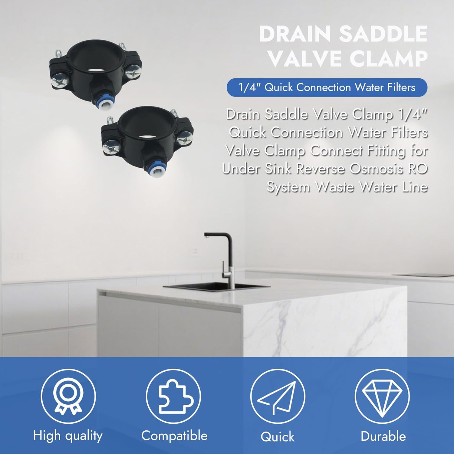 2 Pack Drain Saddle Valve 1/4 Inch Quick Connect for Under Sink Reverse Osmosis Systems, Heavy Duty Drain Saddle Clamp with Leak-Proof Filter Element, Fits Pipes for RO Water Purifiers