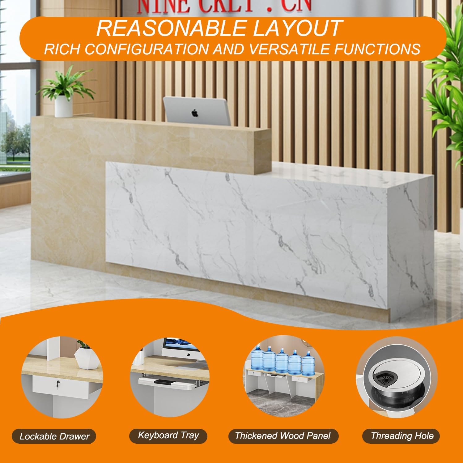 Wood Reception Desk Marble Stone with Checkout Retail Counter L Shaped Modern Mostrador para Negocio Office Desk Closed Front with Storage Drawers for Barber,Salon,Clothing Store