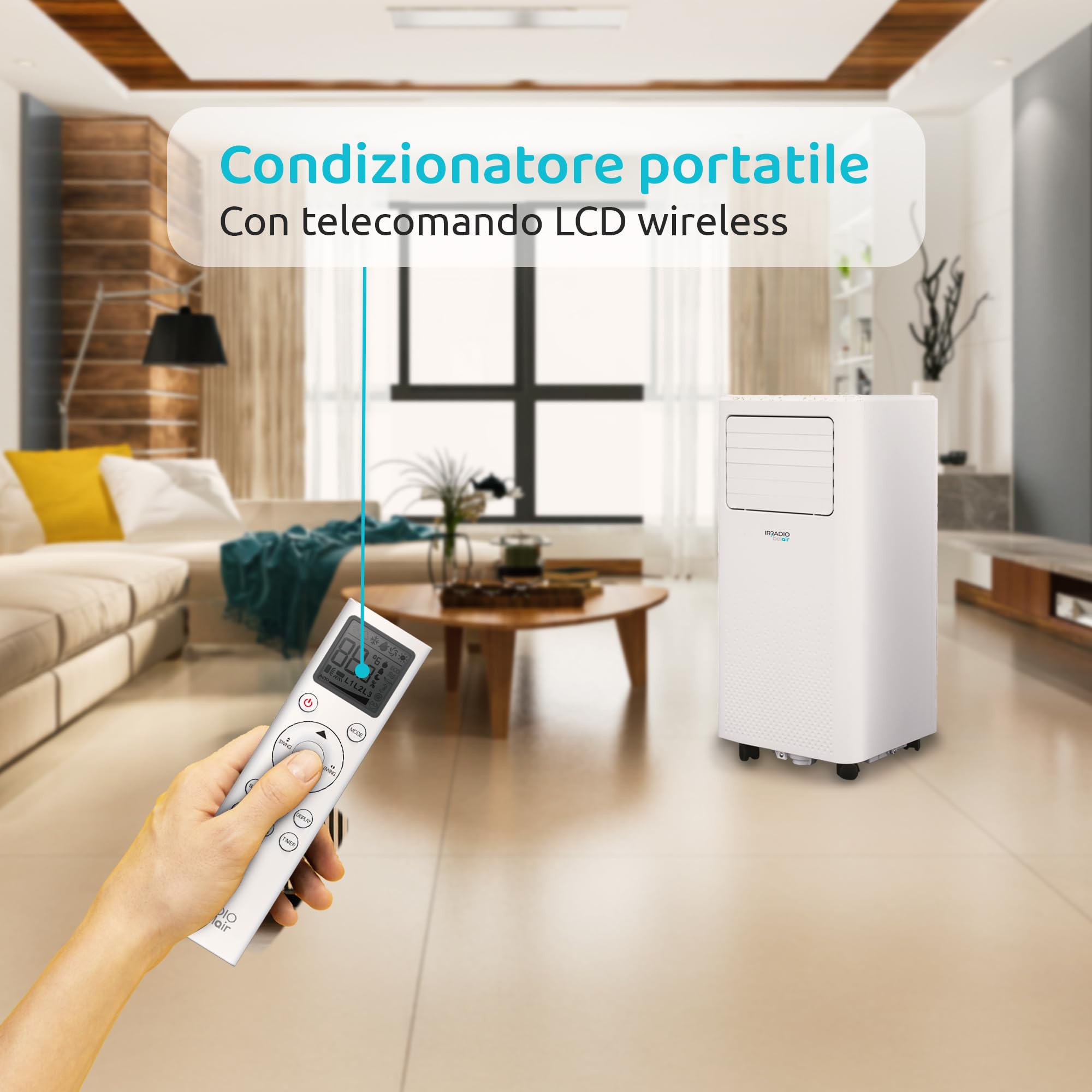 VIGO 7, Condizionatore Portatile 7000 BTU con Pompa Calore e Deumidificatore, Tubo Scarico Aria Posteriore, Gas R290, Telecomando Wireless, Timer programmabile, Ruote, 63dB
