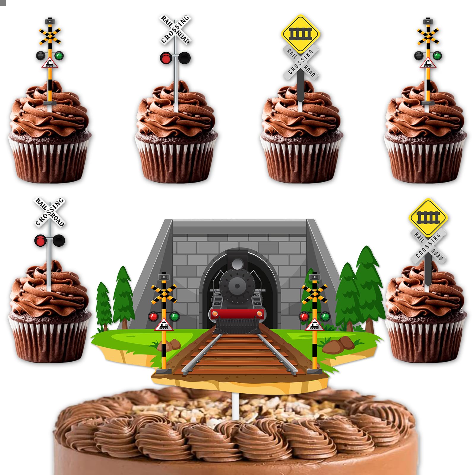 1pcs Cake Topper and 12pcs Cupcake Topper Train Cheer to Transportation Train Railroad Crossing Theme Decor Supplies Baby Shower Children Boys Girls