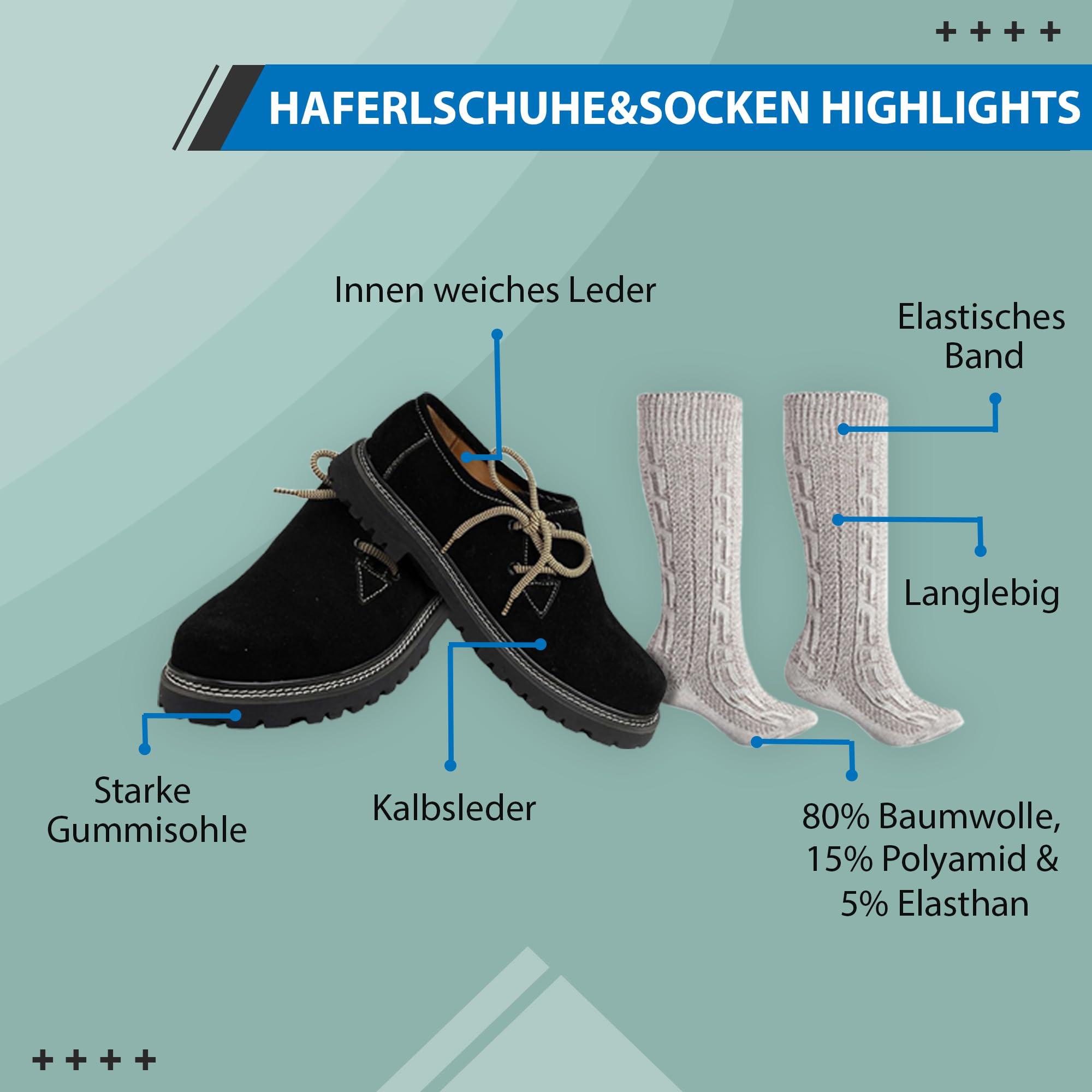 German Wear Haferlschuhe Trachtenset Herren Trachtenschuhe Trachtensocken 2 Schnürsenkel Set - Wildleder Original Handmachart 100% Leder-Futter Lederschuhe mit Melierte Socken