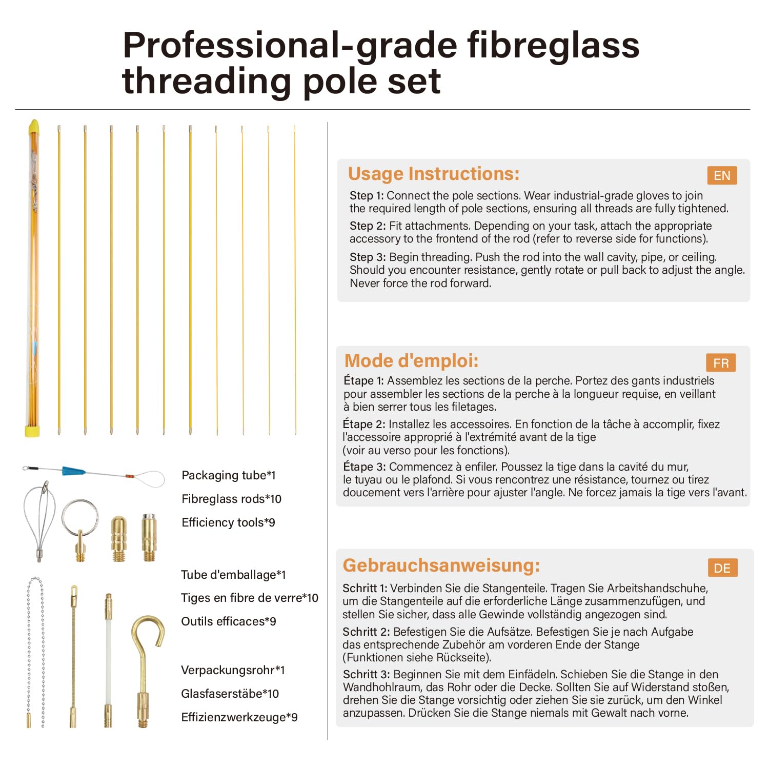 Guia pasacables de fibra de vidrio100cm x 10 Juego de varillas pasacables 10 m