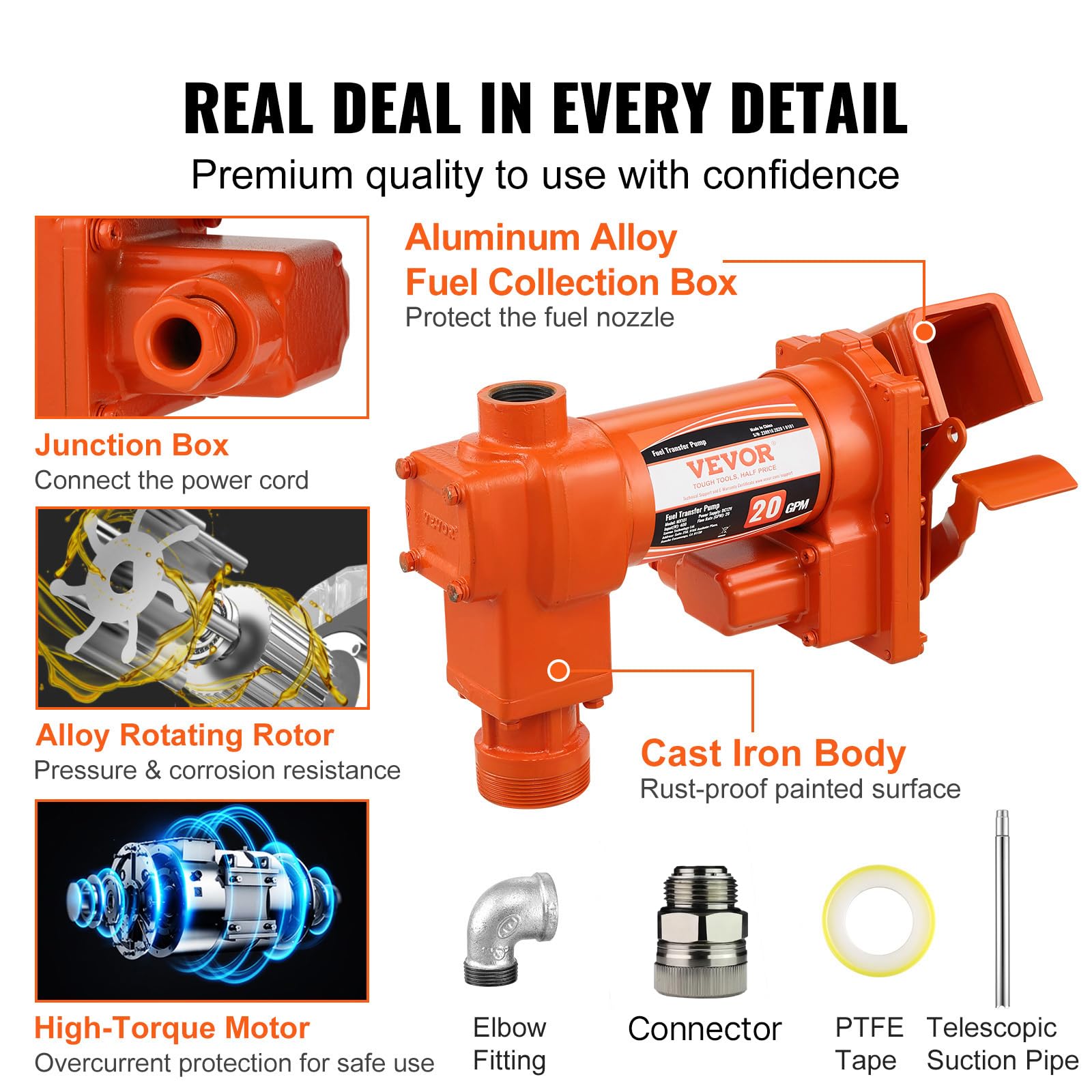 VEVOR Pompe Transfert Carburant 12 V CC 75,7 L/min 1/4 CV Pompe d'Extraction Essence avec Buse Automatique, Tuyau d'Aspiration, pour Mélange d'Essence, Diesel, Kérosène, Éthanol, Méthanol, Biodiesel