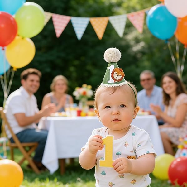 1st Birthday Decorations,1st Birthday Hat, Jungle Themed Soft Cone Party Hat, Adjustable Baby Party Hats, for 1 Year Old Birthdays Decorations And Photo Props - 5