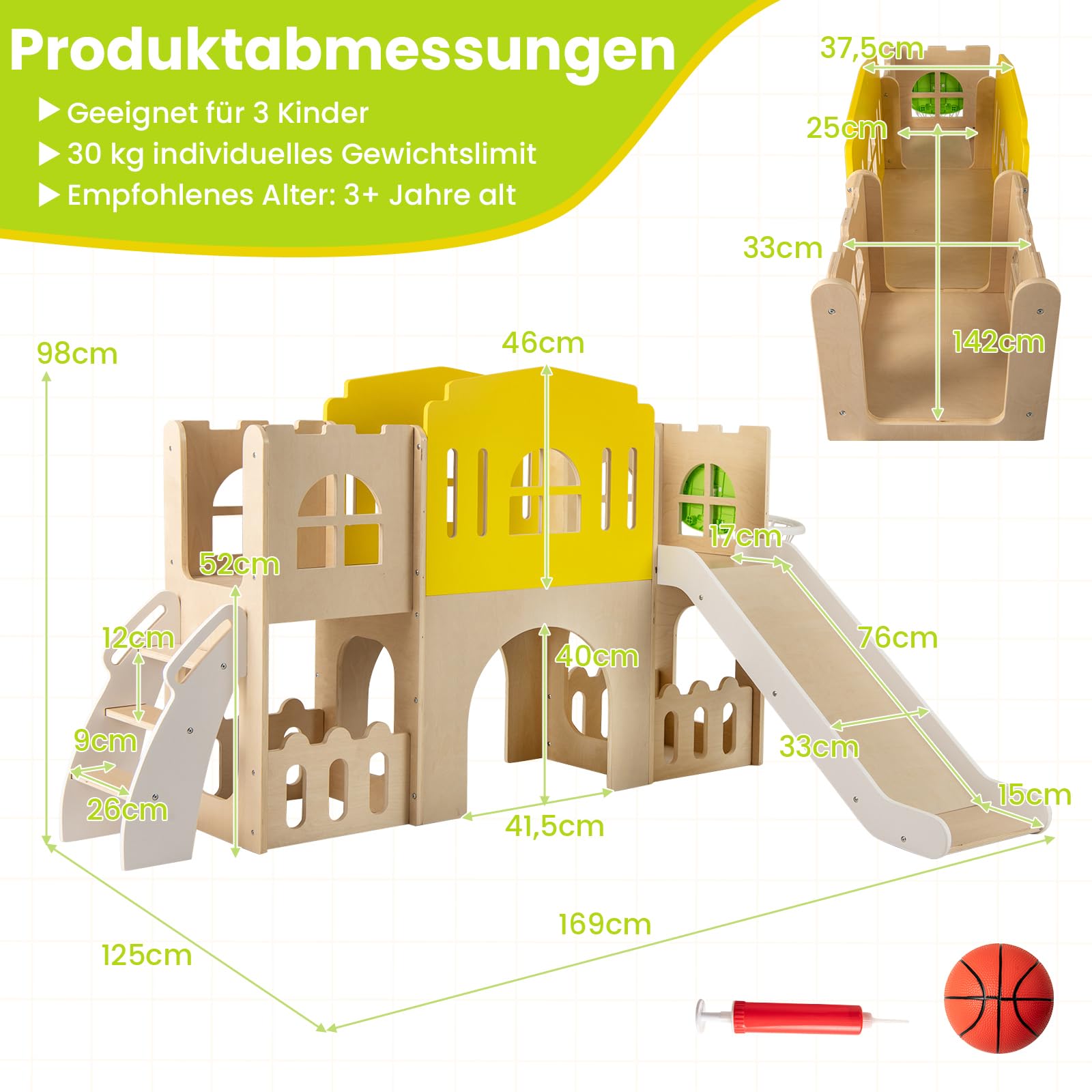 COSTWAY 7-in-1 Kinder Rutsche, Kinderrutsche mit Kletterleiter & Basketballkorb & Tunnel & Stauraum, Klettergerüst Indoor, Holz Spielplatz für Kinder ab 3 Jahren