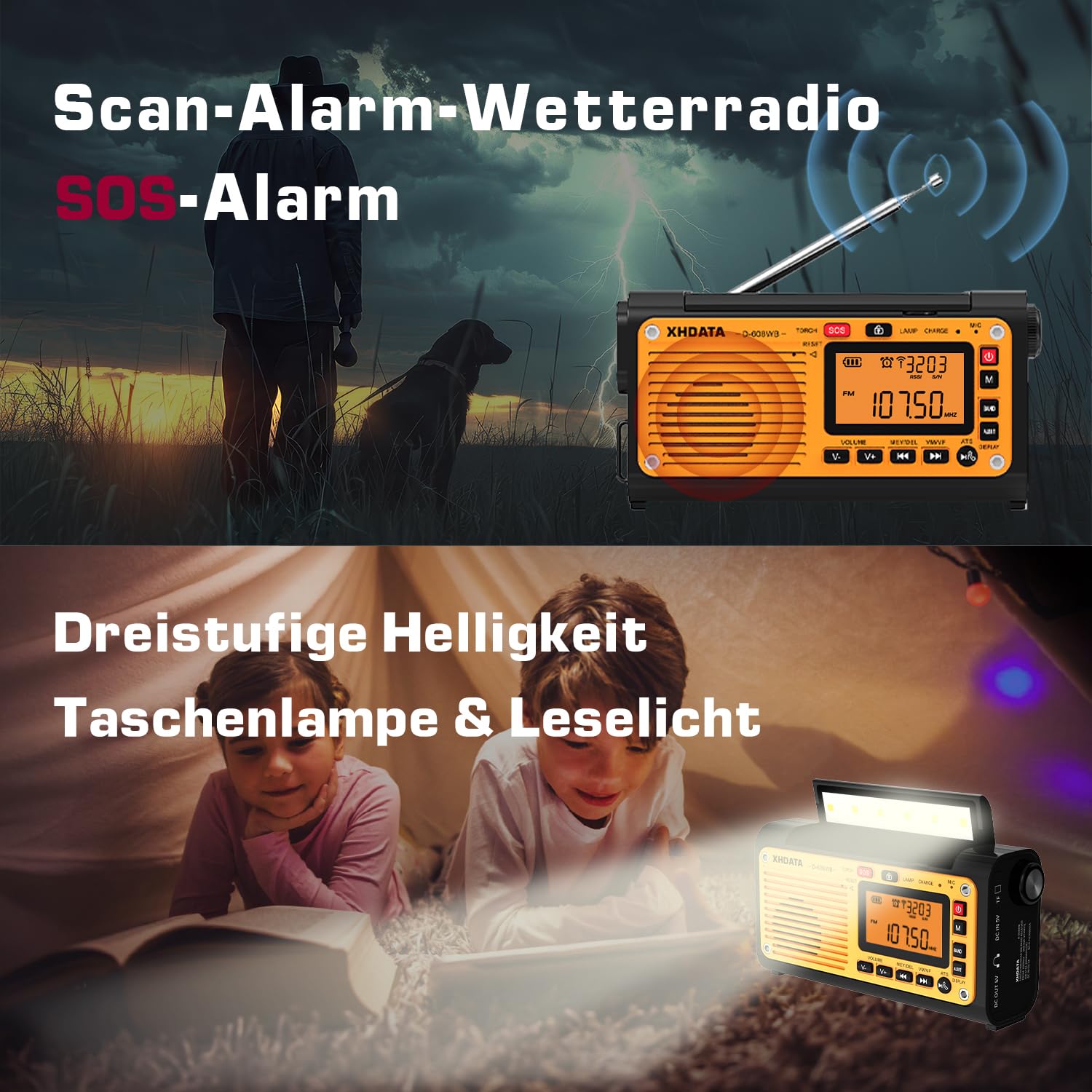 XHDATA D608WB Tragbares Notfall Radio mit Kurbel Solarradio mit Kurbel 3000mAh Akku Wiederaufladbares LED Taschenlampe und Leselicht SOS Alarm FM/MW/SW Bluetooth-Musik für Outdoor und Camping