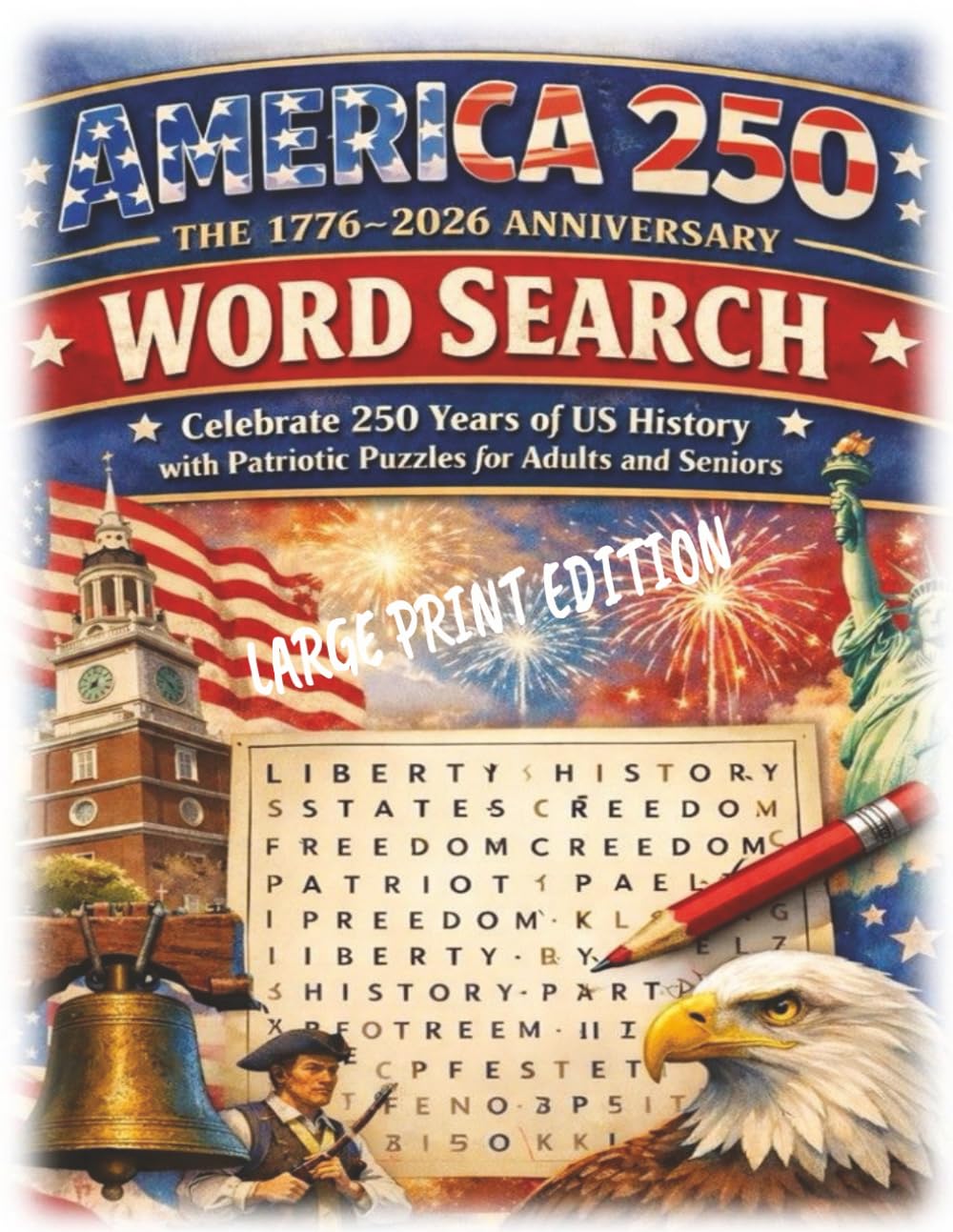 America 250: The 1776–2026 Anniversary Word Search: Celebrate 250 Years of US History with LARGE PRINT Patriotic Puzzles for Adults and Seniors