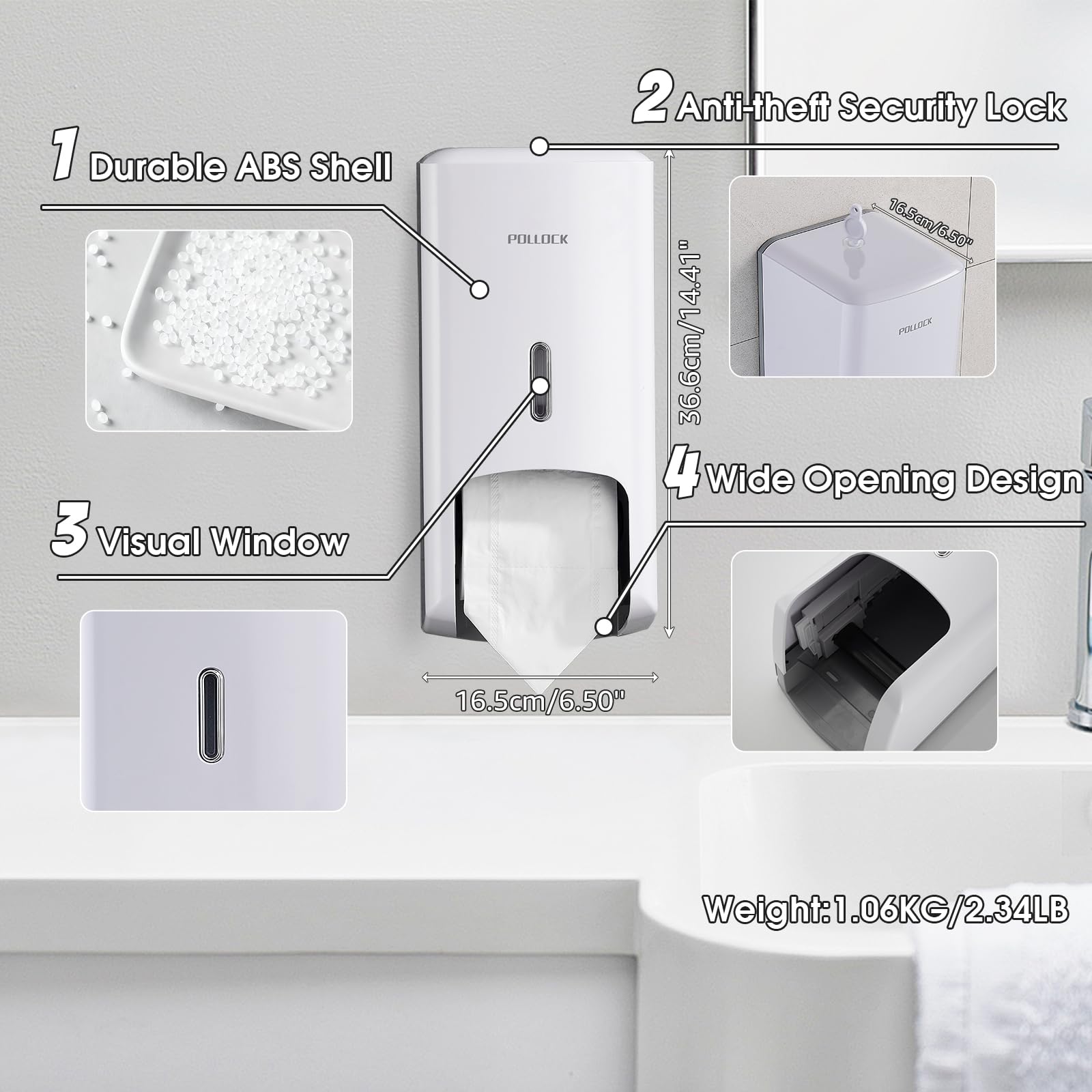 Pollock Dispensador de Doble Rollo de Papel Higiénico, Montaje en Pared, Gran Capacidad, Blanco