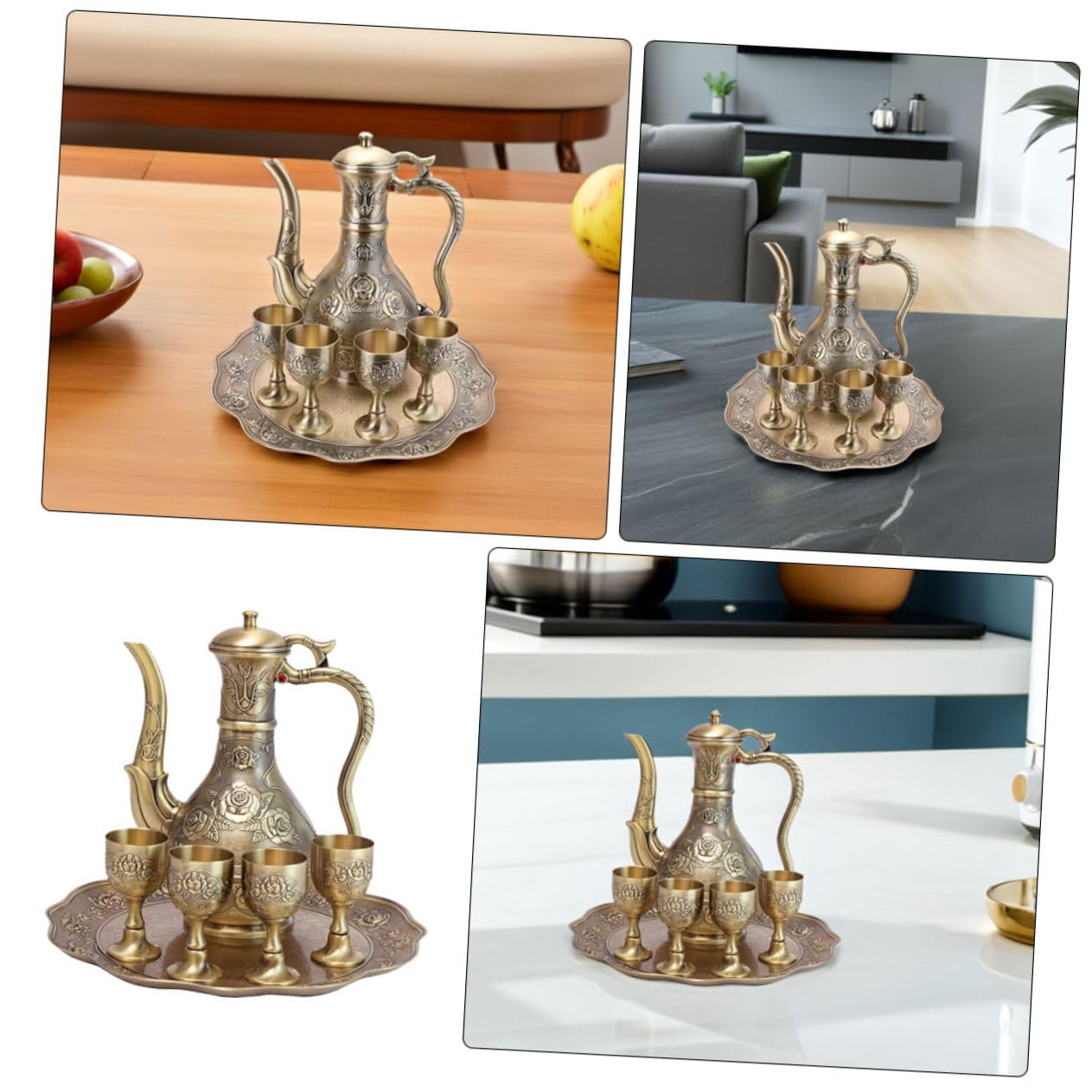 ABOOFAN Vino Vintage con Incisa Bicchieri e Vassoio in Metallo Design Retro Rilievo Bar e Celebrazioni Eleganti