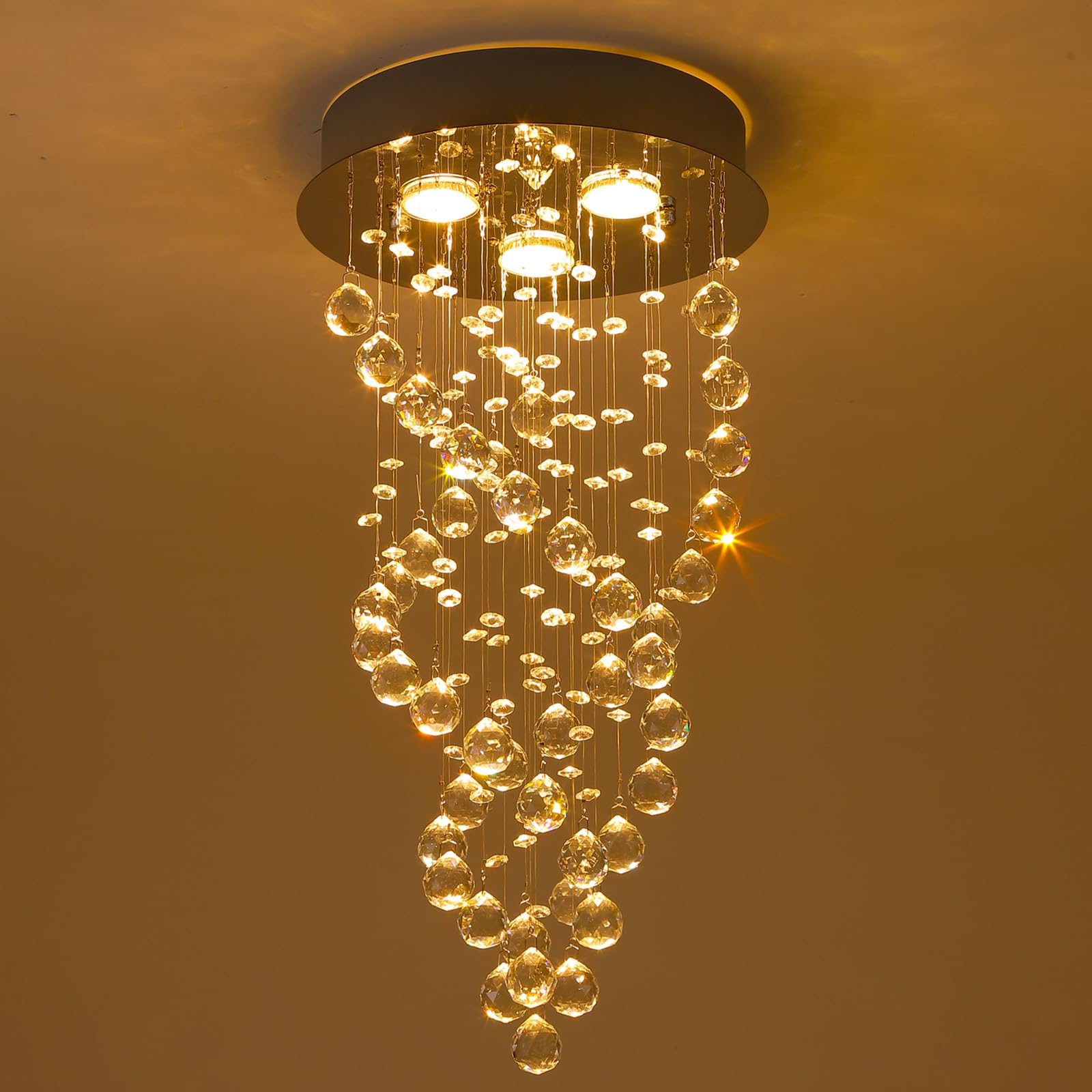 KRASTY Chrome K9 Crystal Raindrop Chandelier,Modern Elegant Spiral Pendant Light, 3 Lights Crystal Flush Mount Medium High Ceiling Light Fixture for Bedroom, Hallway, LivingRoom, D12 x H24