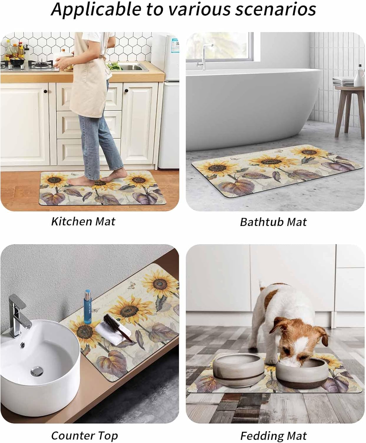 Bath Rugs Bathroom Rug,Retro Yellow Sunflower Butterfly Absorbent Diatomaceous Earth Bath Mat Quick Drying Non-Slip Washable Shower Mat,American Pastoral Floral Stamp Doormat for Bathtub 20x32in