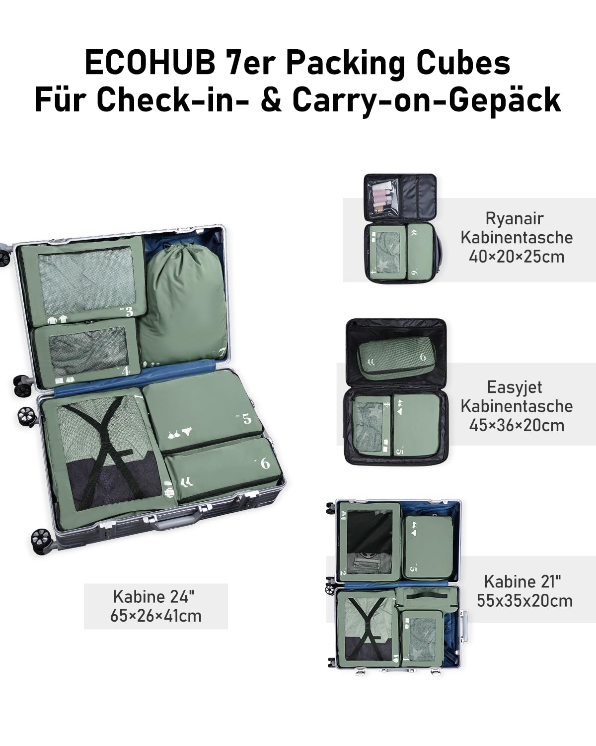 ECOHUB Packwürfel für Koffer, 7 Stück, Reise-Organizer, Packtaschen, recyceltes PET, umweltfreundlich, Reisezubehör, Schuhtaschen für Reisen, Aufbewahrungstasche, Gepäck-Organizer, Reisetasche(Grün)